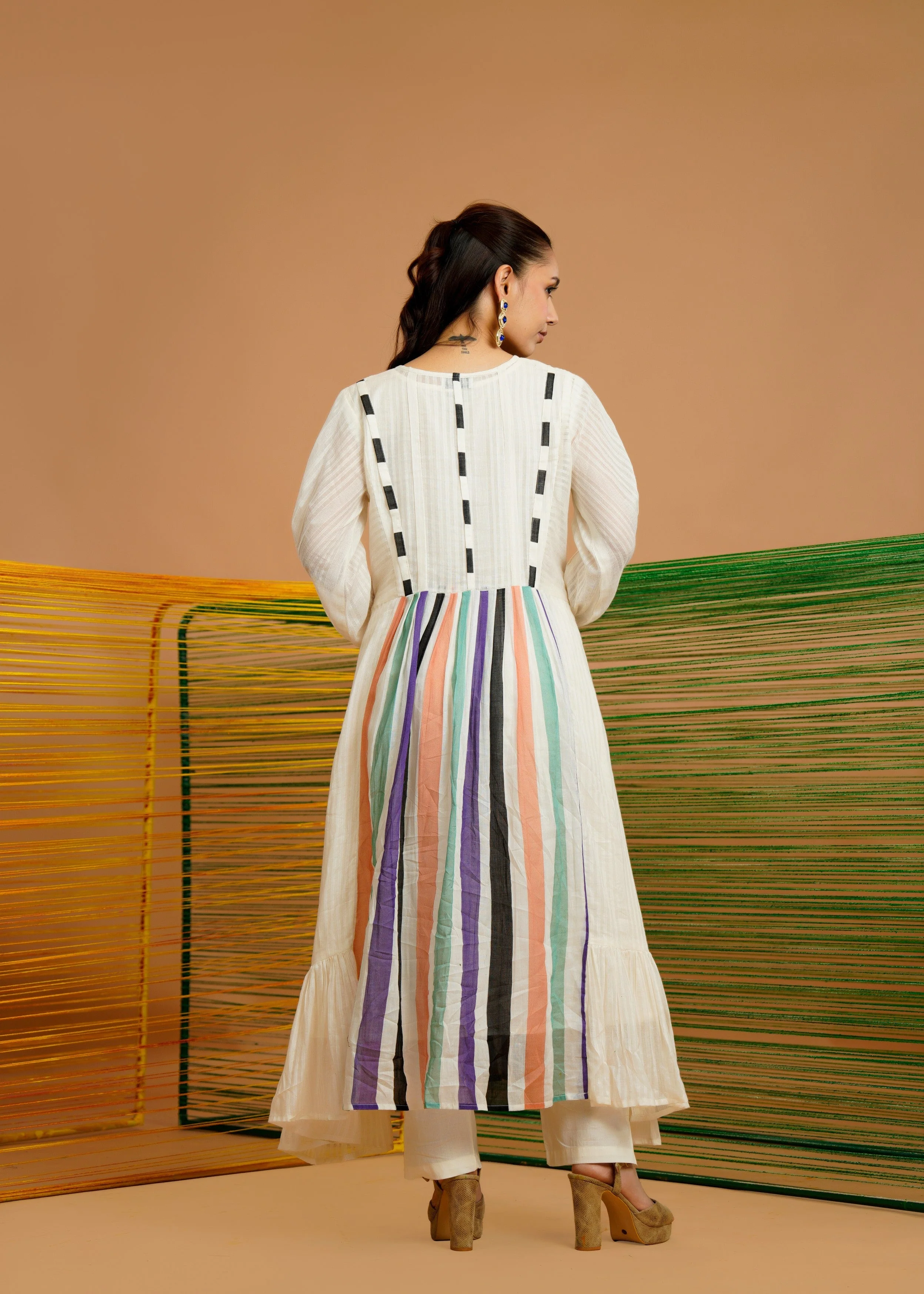 Ivory Multi-Stripe Printed Cotton Kurta Set - Image 6