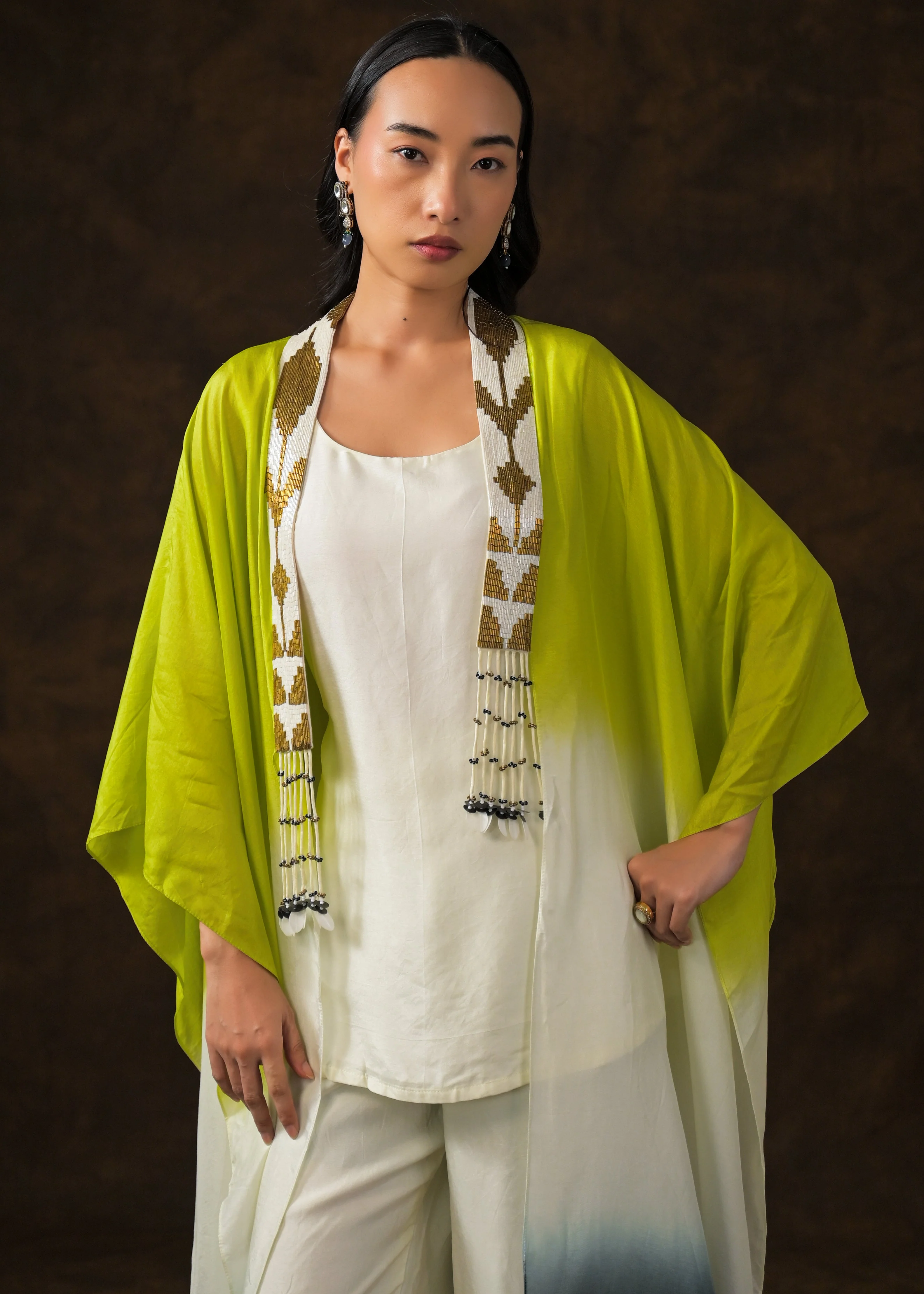 Ivory Ombre Dye Raw Silk Cape Set - Image 3