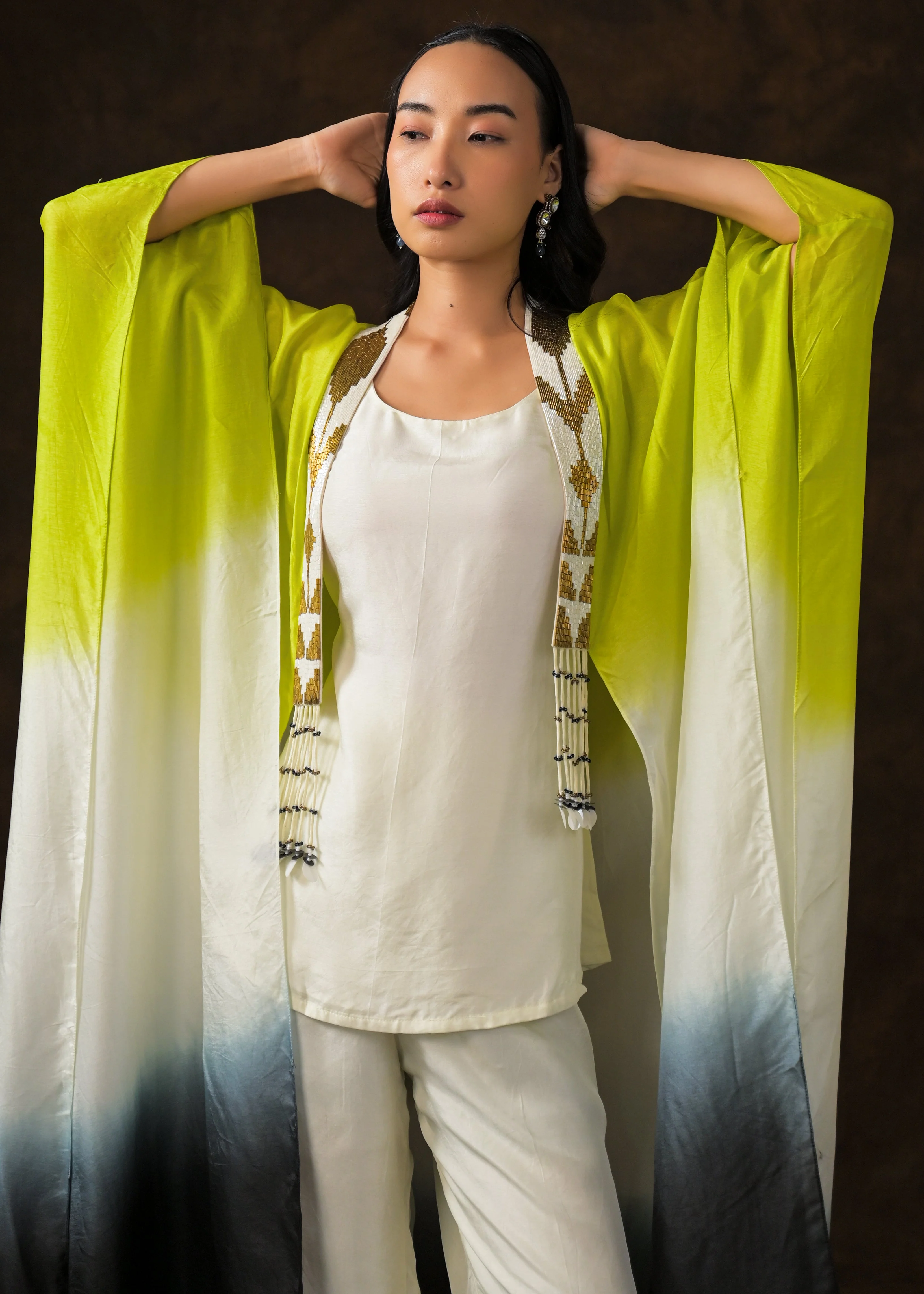 Ivory Ombre Dye Raw Silk Cape Set - Image 4