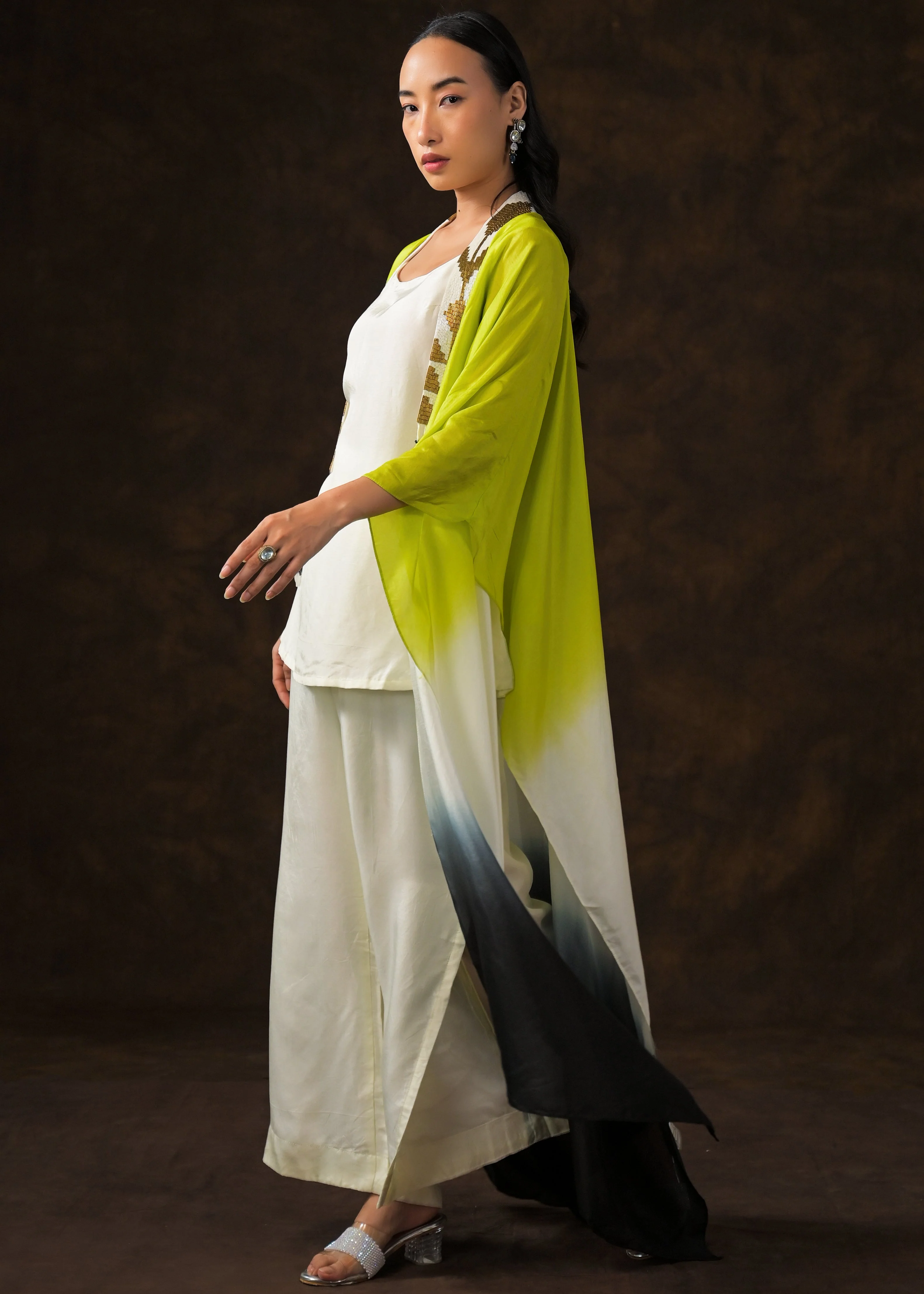 Ivory Ombre Dye Raw Silk Cape Set - Image 5