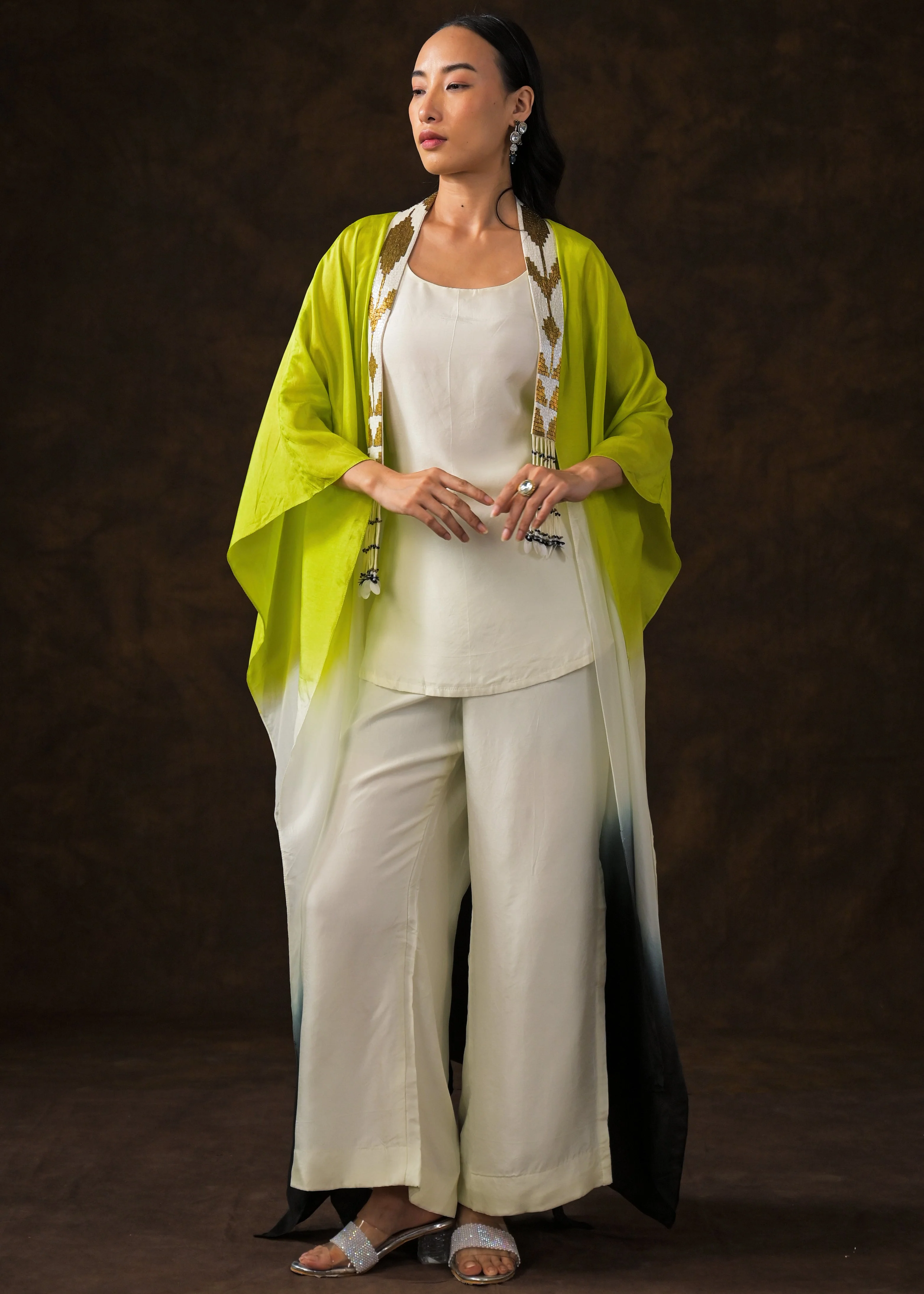 Ivory Ombre Dye Raw Silk Cape Set - Image 6