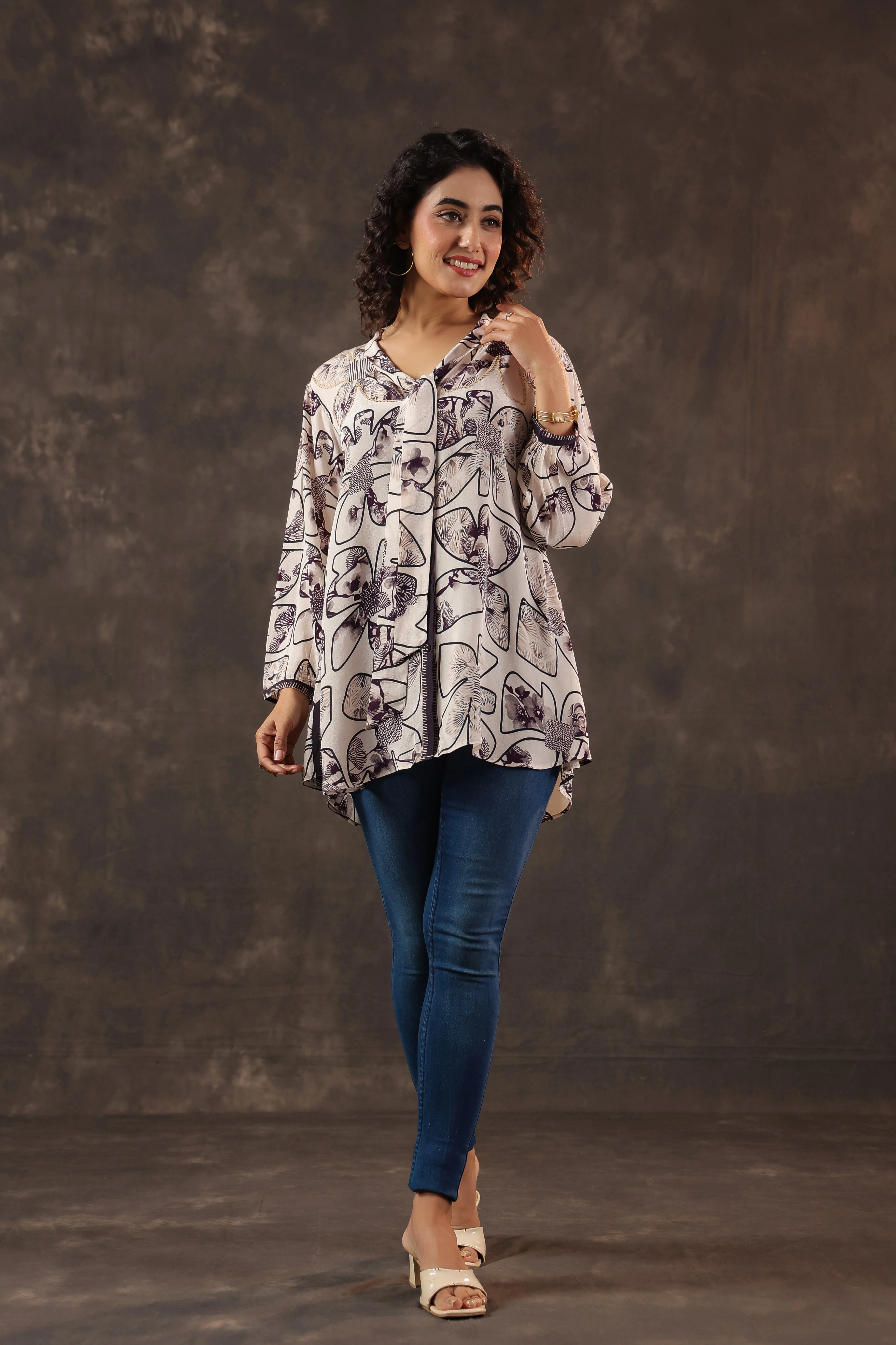 Ivory Plum Printed Crepe Silk Tie-Up Top
