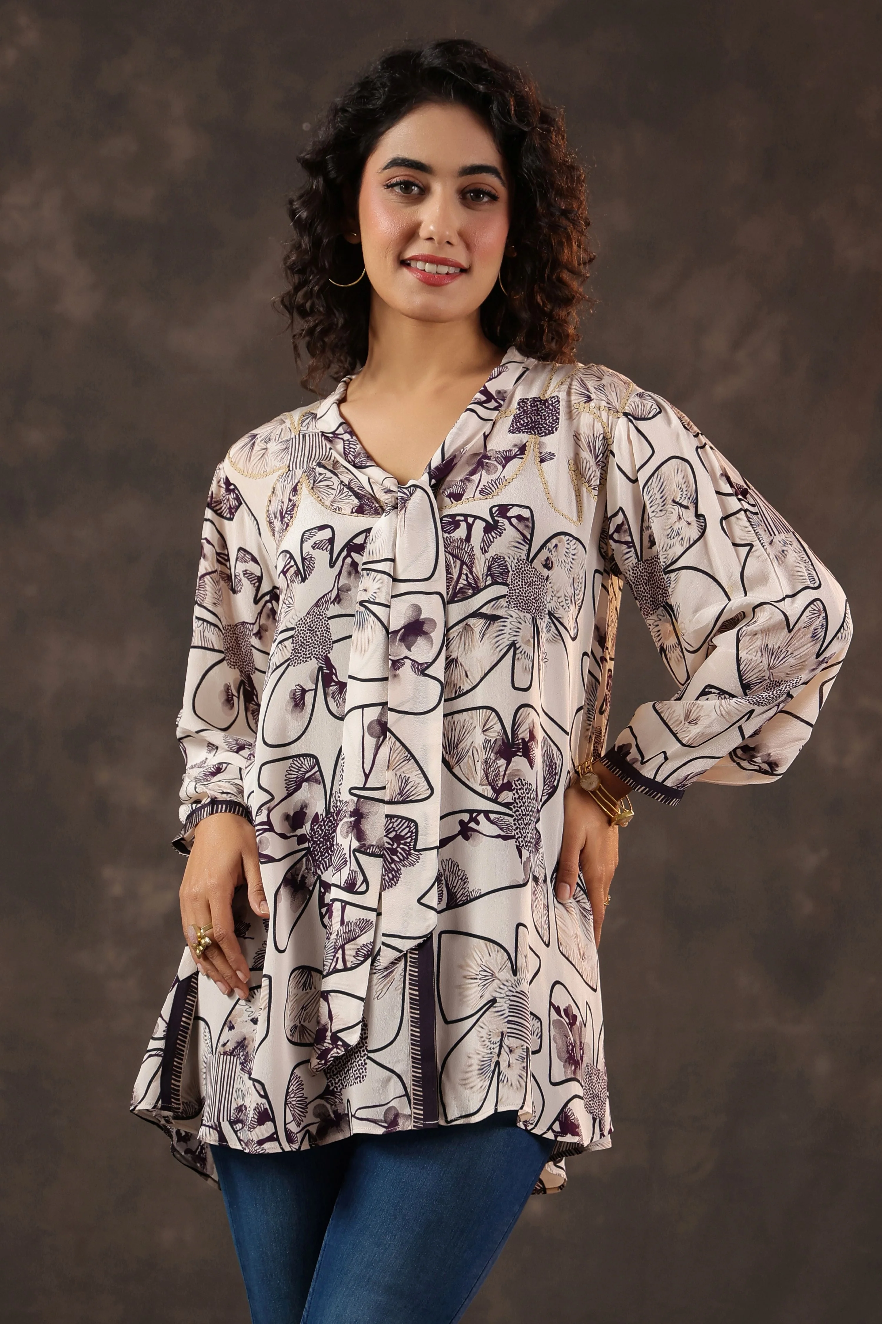 Ivory Plum Printed Crepe Silk Tie-Up Top - Image 3