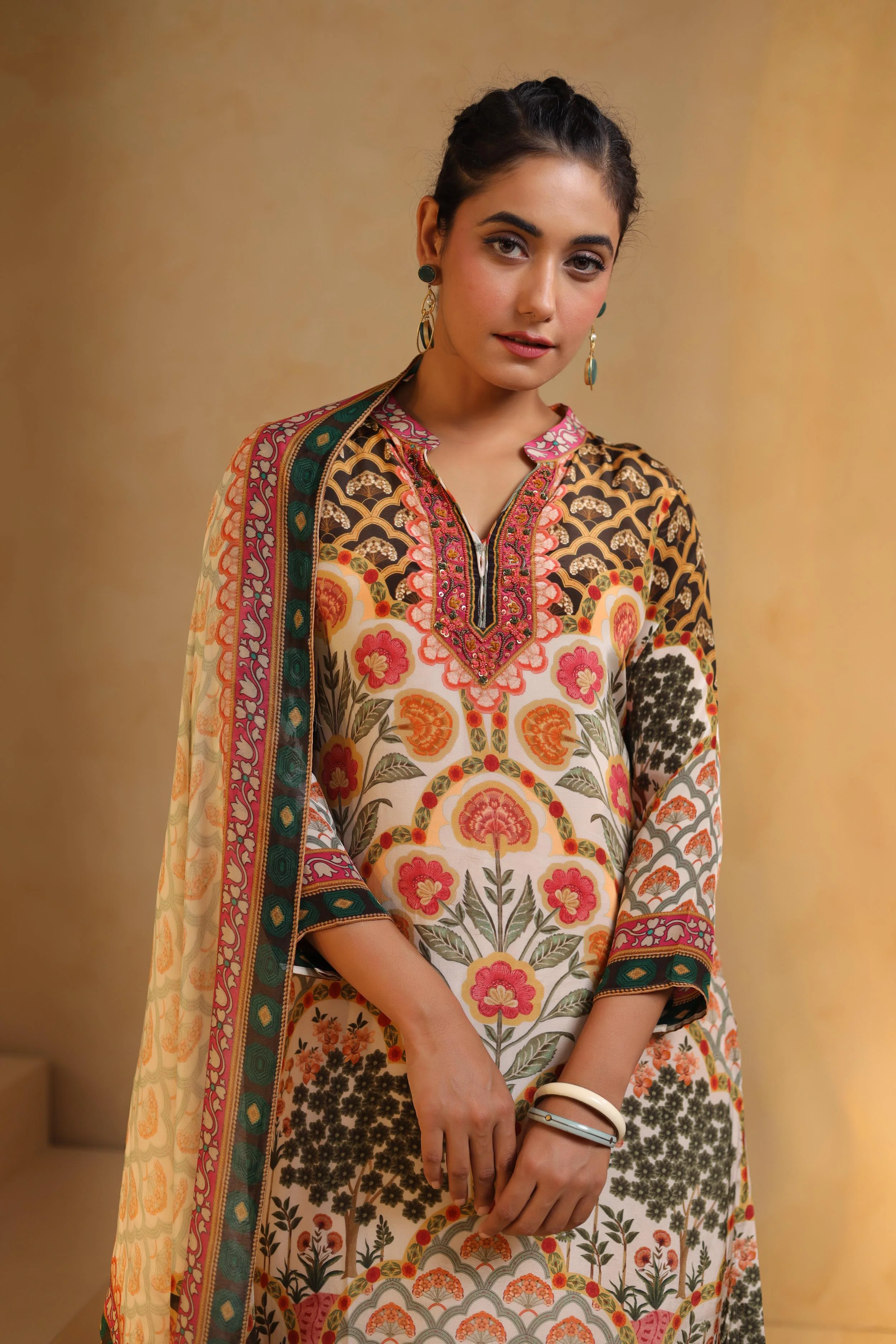 Ivory Printed Viscose Crepe Silk Pant Set - Image 2