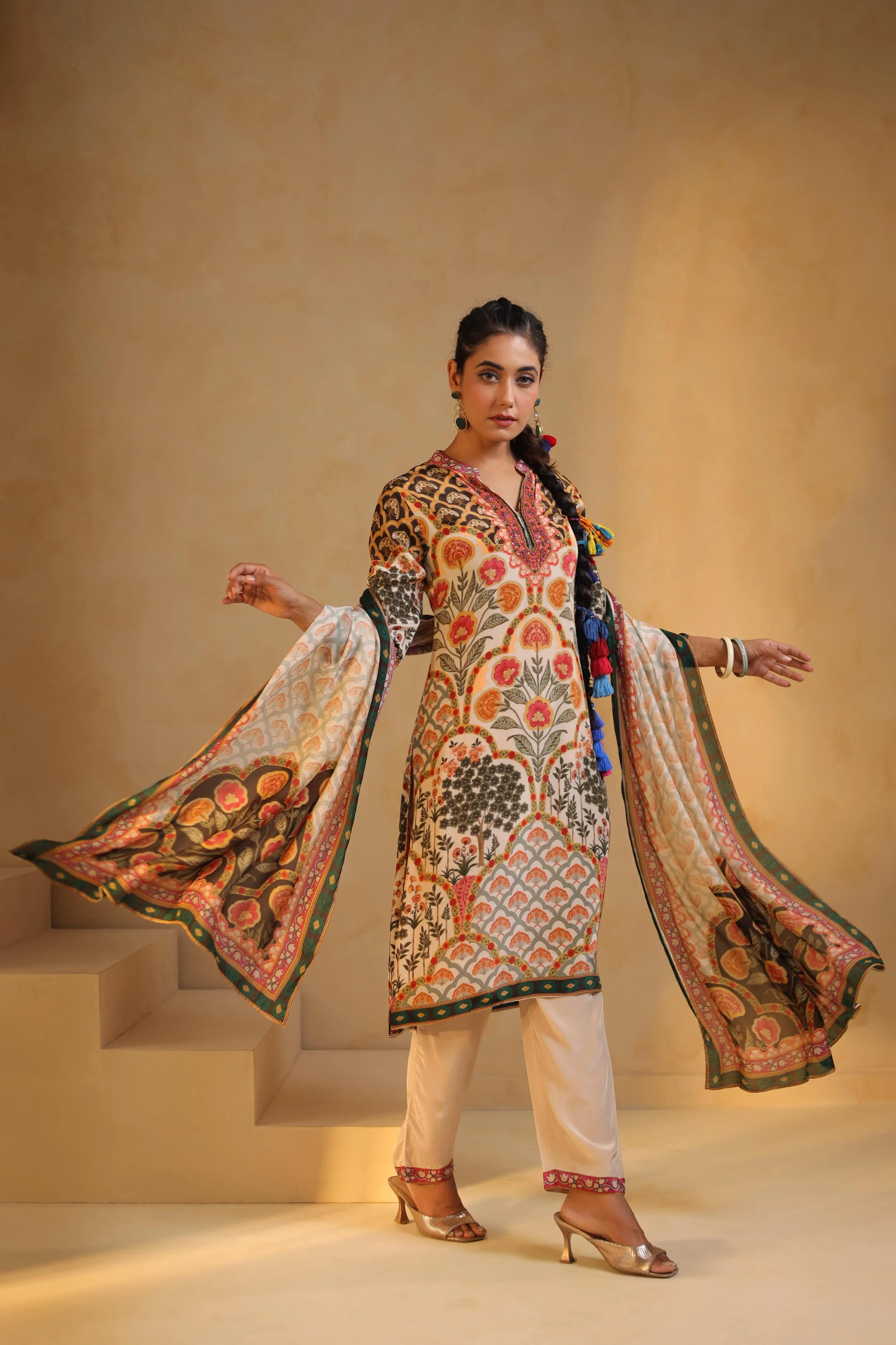 Ivory Printed Viscose Crepe Silk Pant Set - Image 3