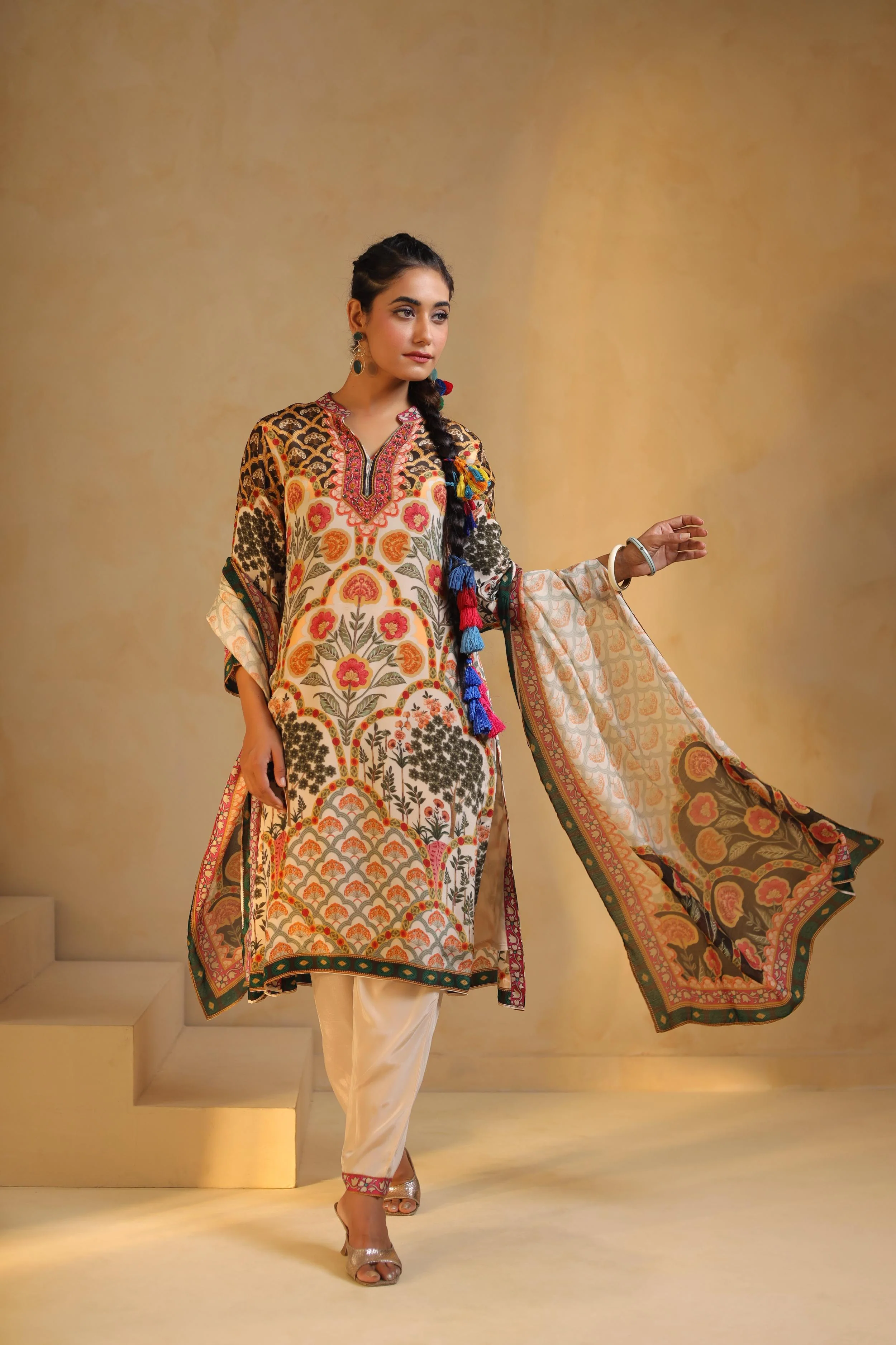 Ivory Printed Viscose Crepe Silk Pant Set - Image 4