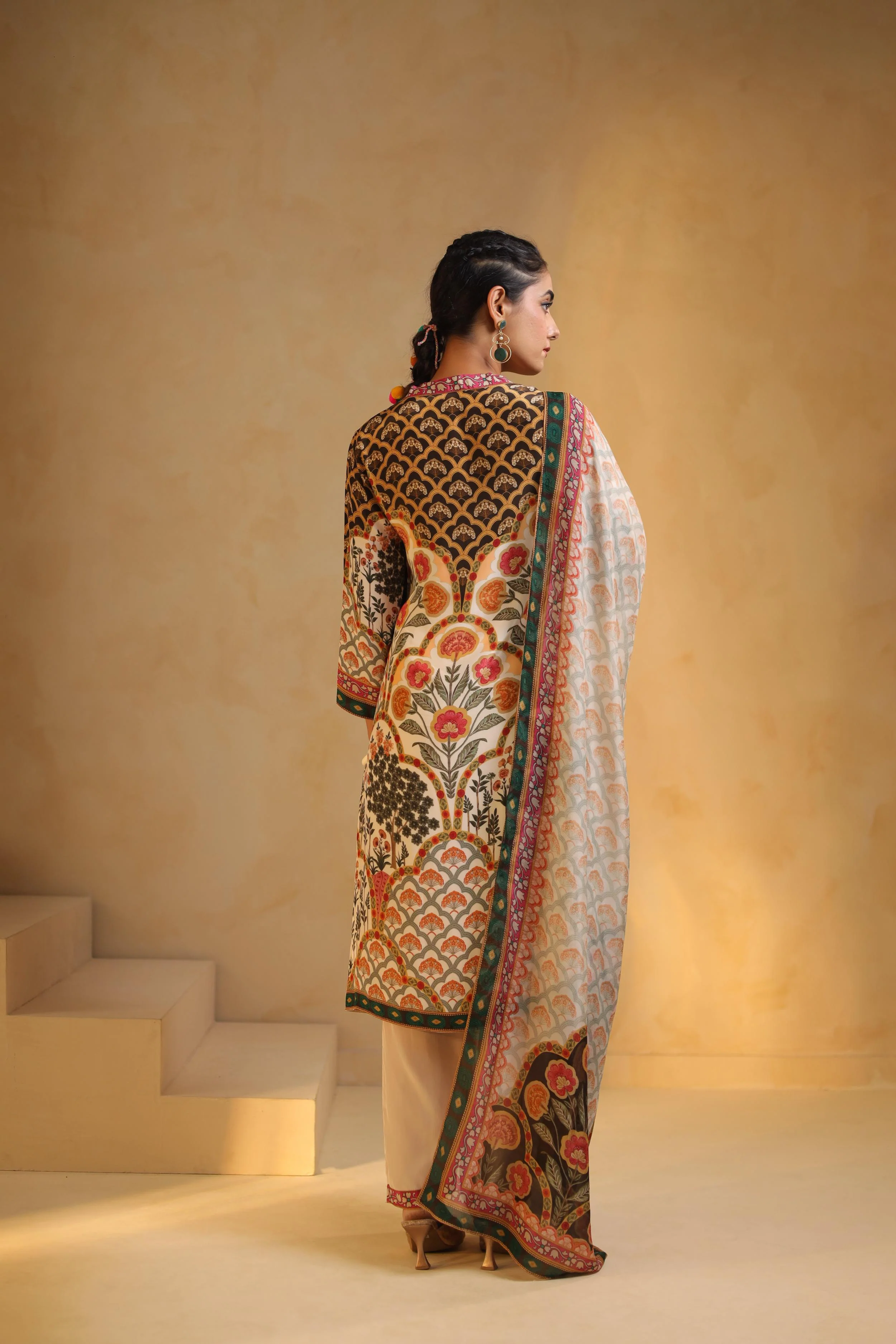 Ivory Printed Viscose Crepe Silk Pant Set - Image 6