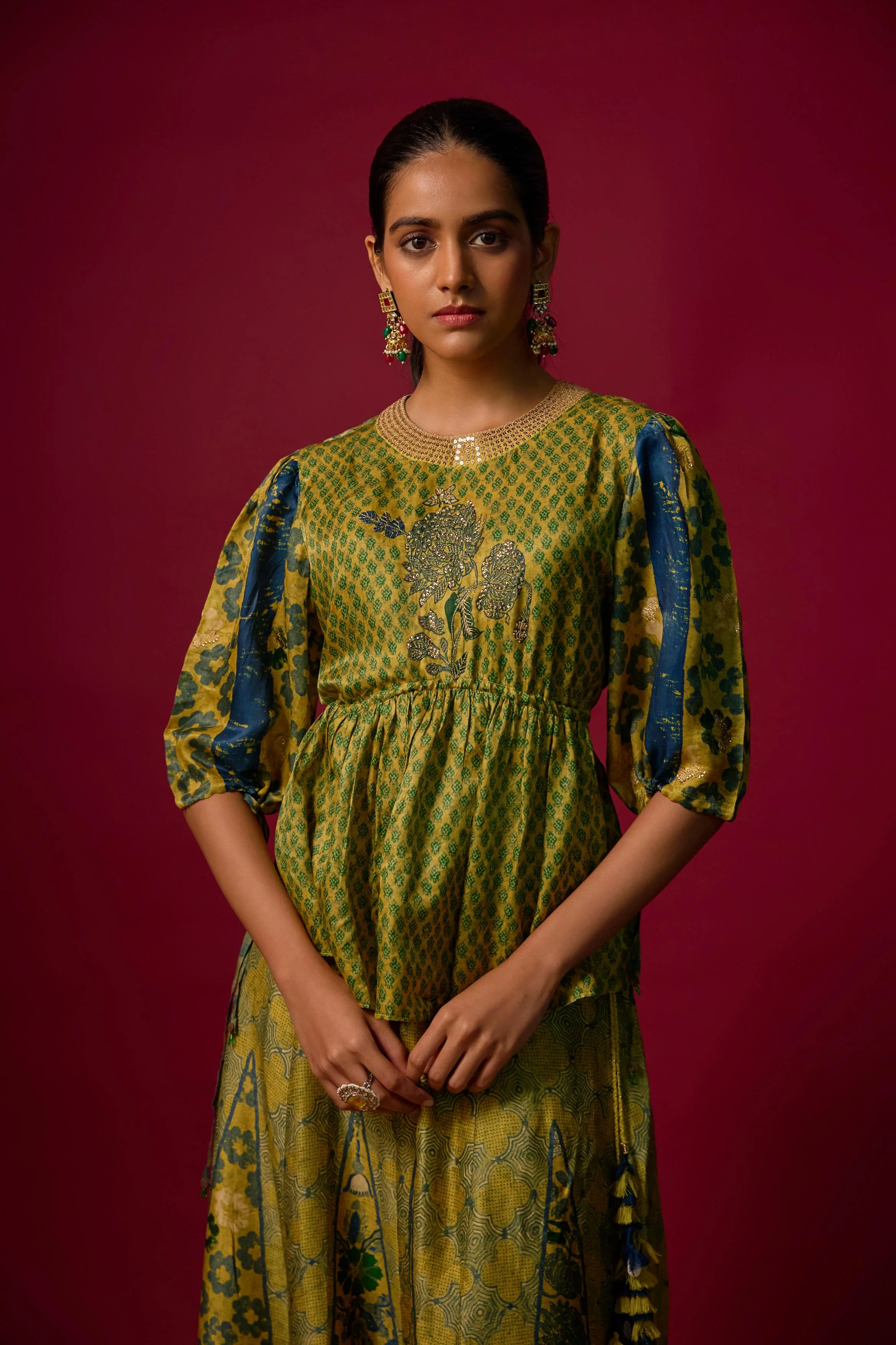 Pear Green Printed Slub Cotton Silk Tunic Co-Ord Set - Image 2