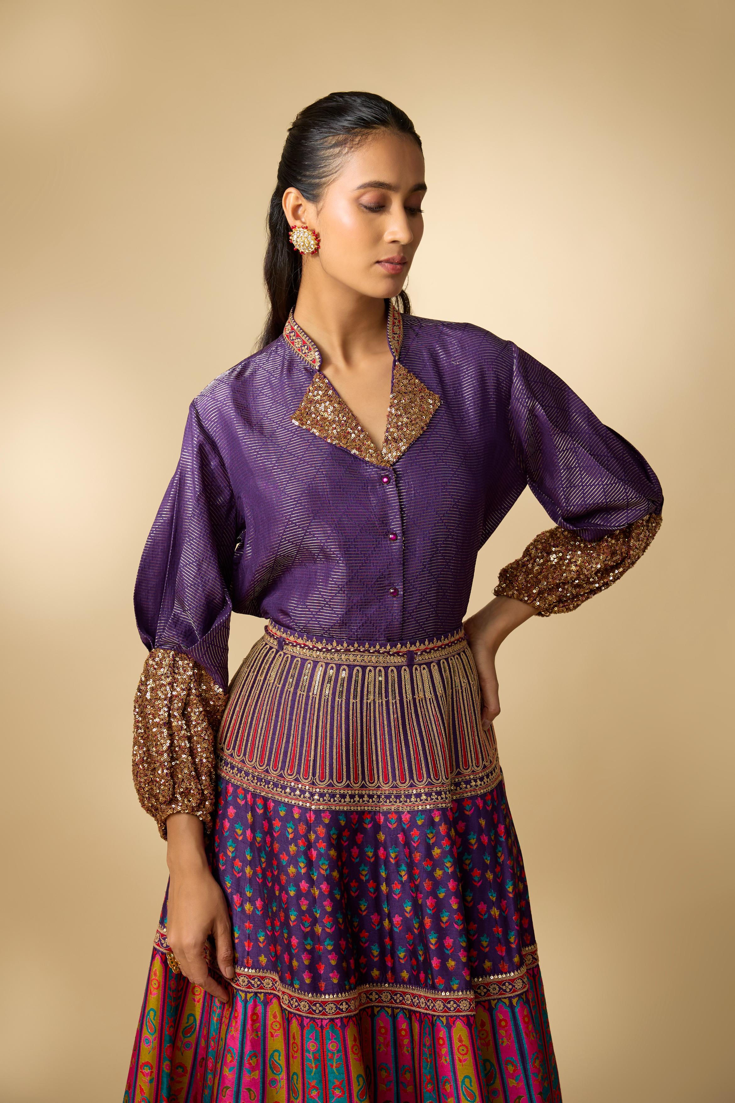 Blue Printed Slub Cotton Silk Tunic Skirt Set - Image 2