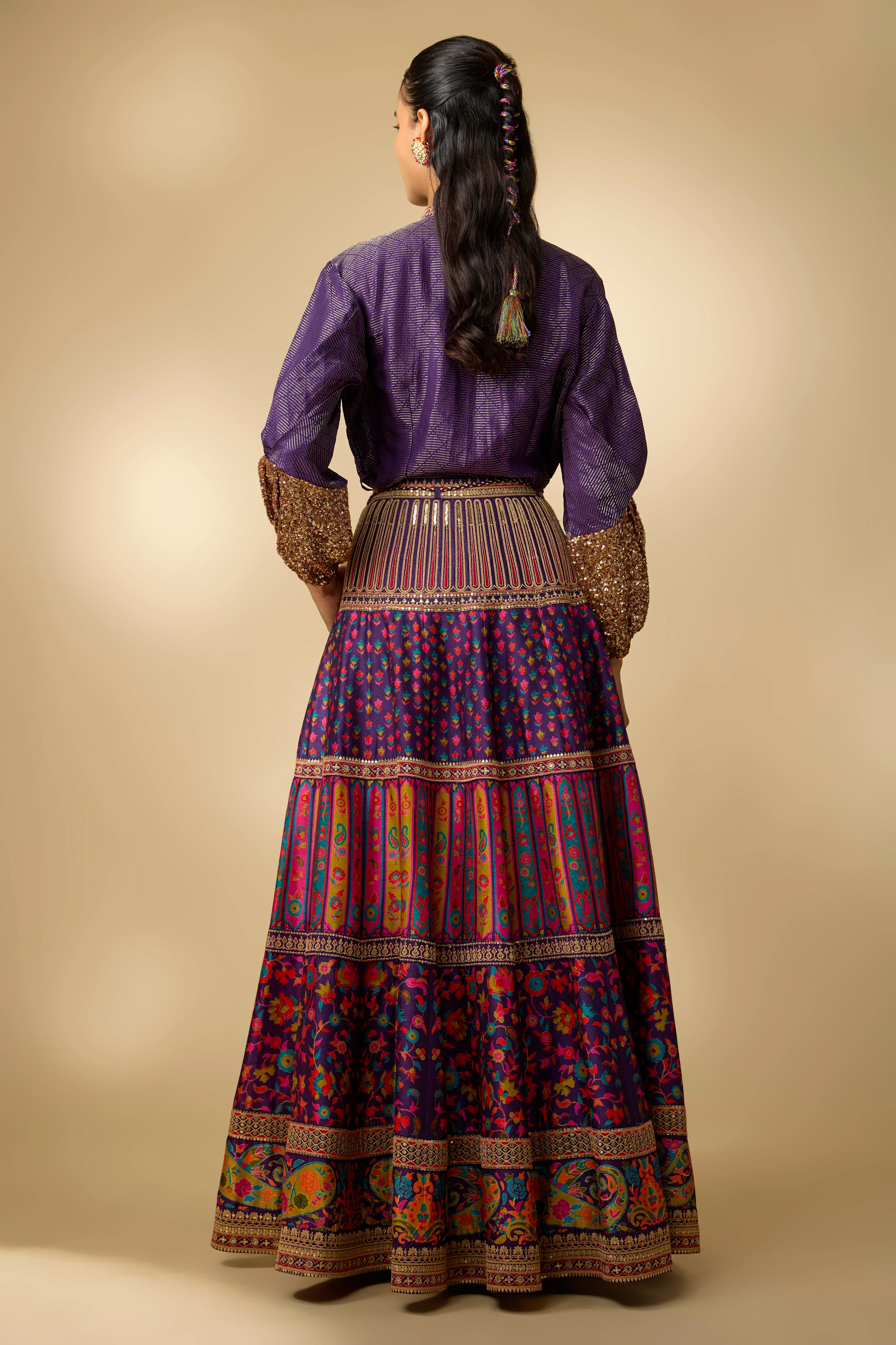 Blue Printed Slub Cotton Silk Tunic Skirt Set - Image 3
