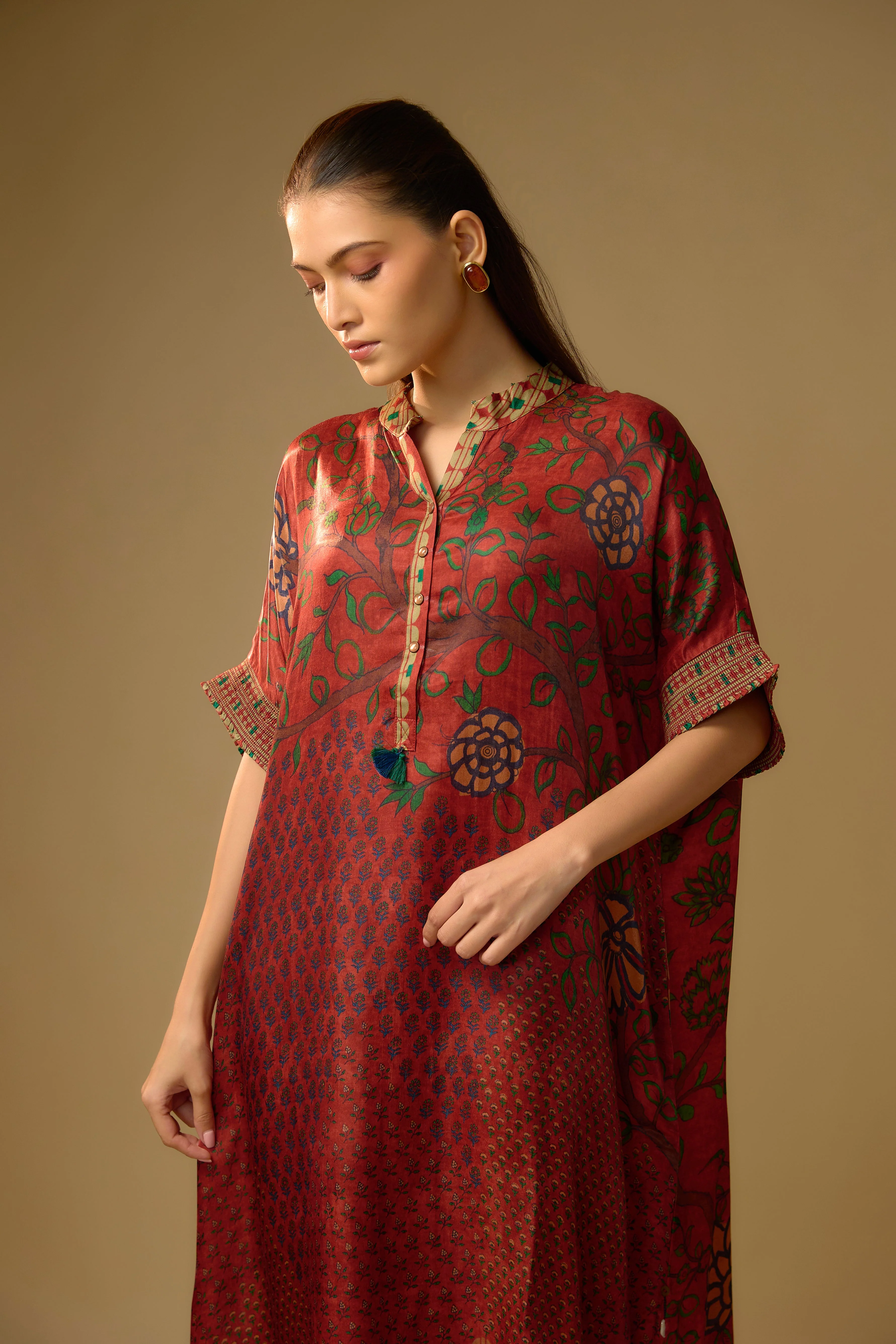 Red Printed Slub Cotton Silk Tunic Long Top - Image 2