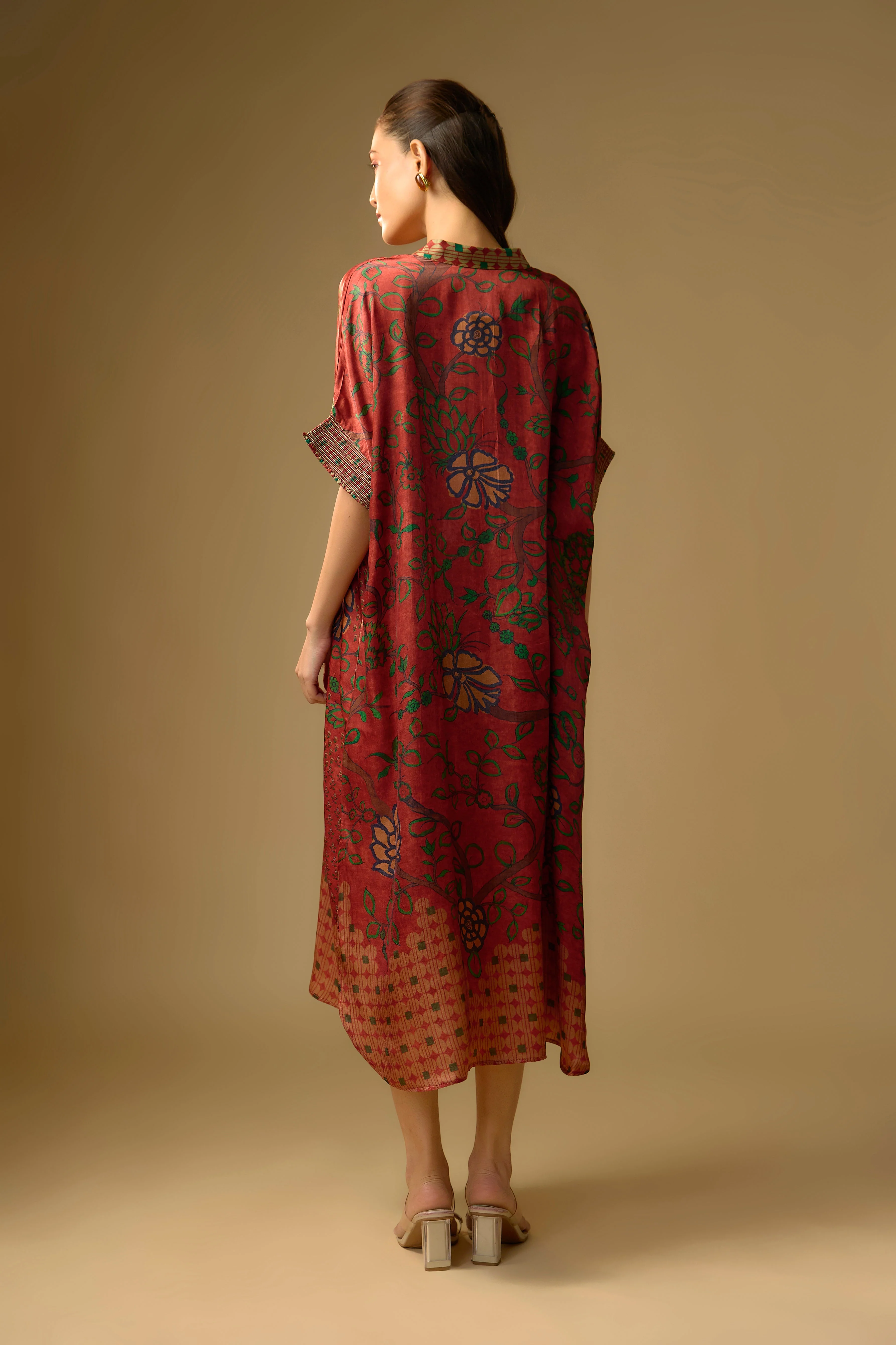 Red Printed Slub Cotton Silk Tunic Long Top - Image 3