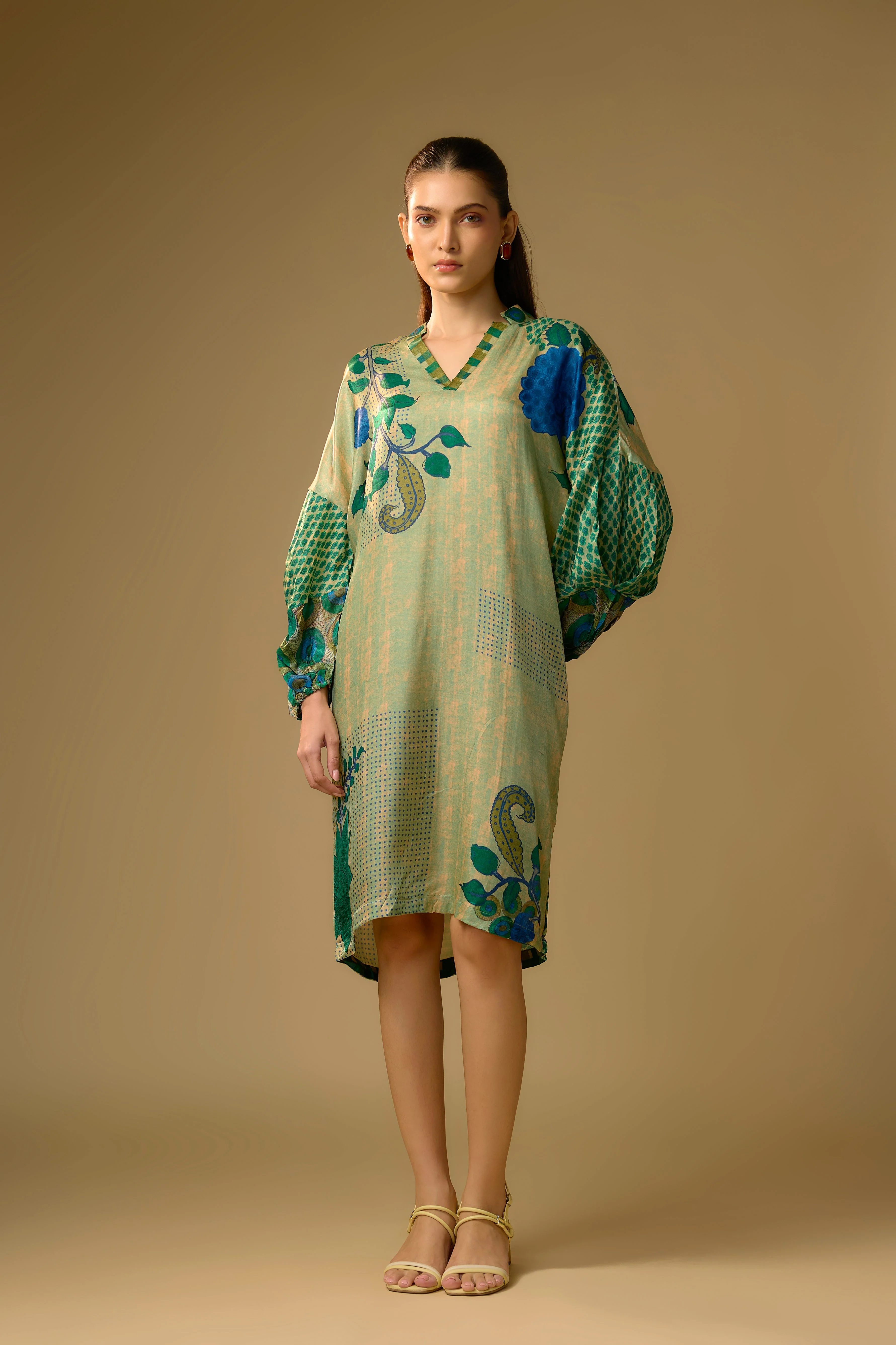 Pista Green Printed Slub Cotton Silk Tunic Dress