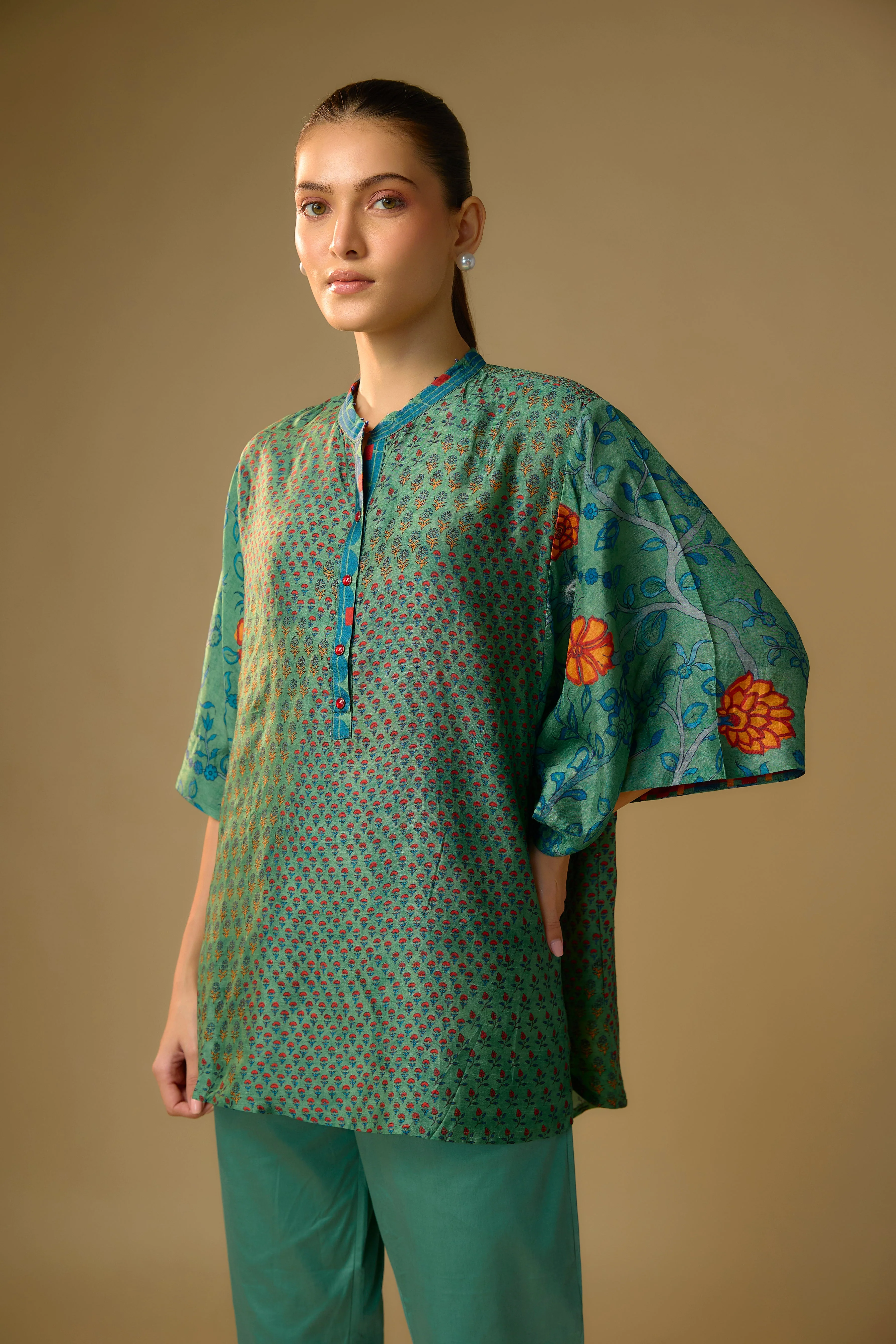 Rama Green Printed Slub Cotton Silk Tunic Top - Image 2