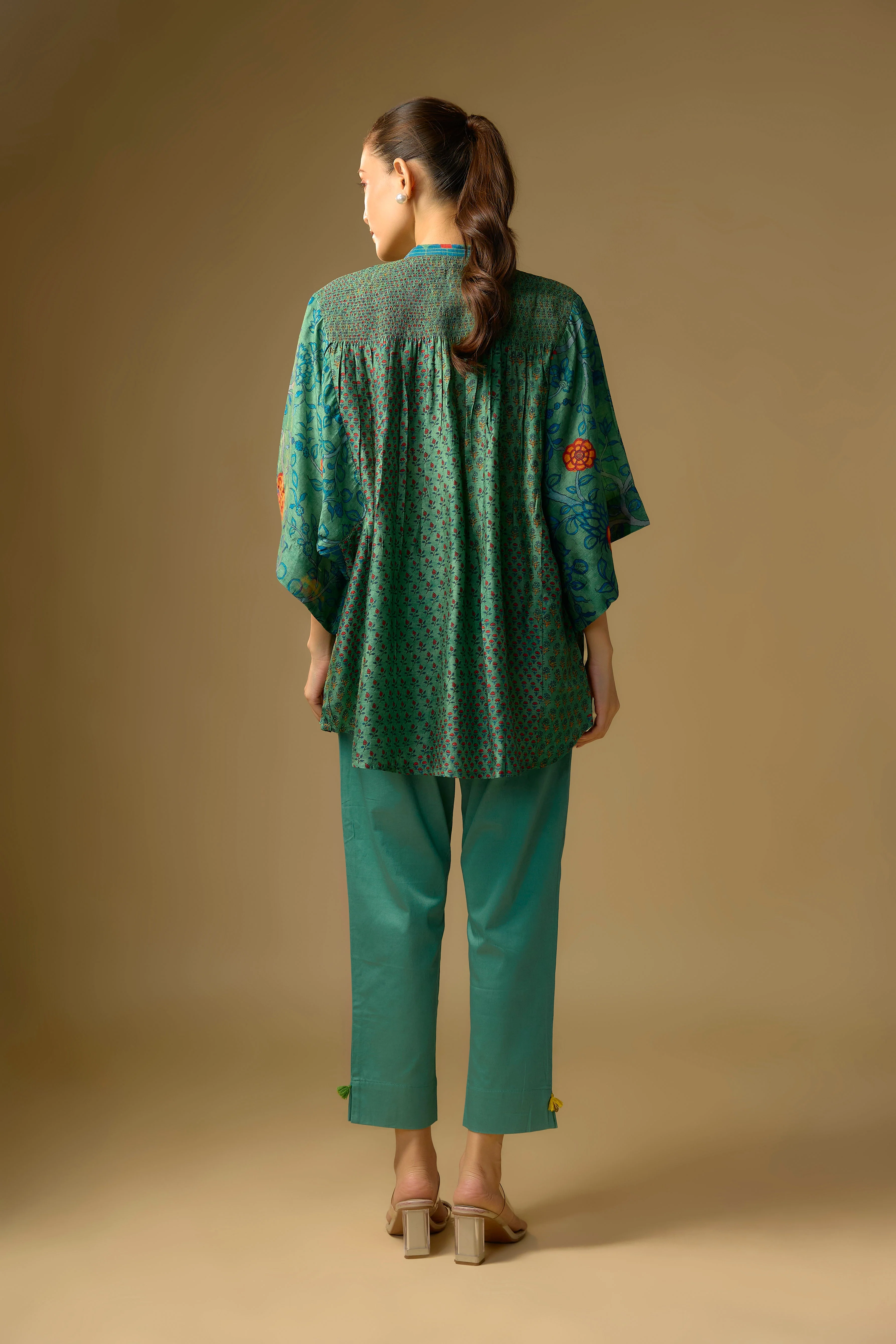 Rama Green Printed Slub Cotton Silk Tunic Top - Image 3