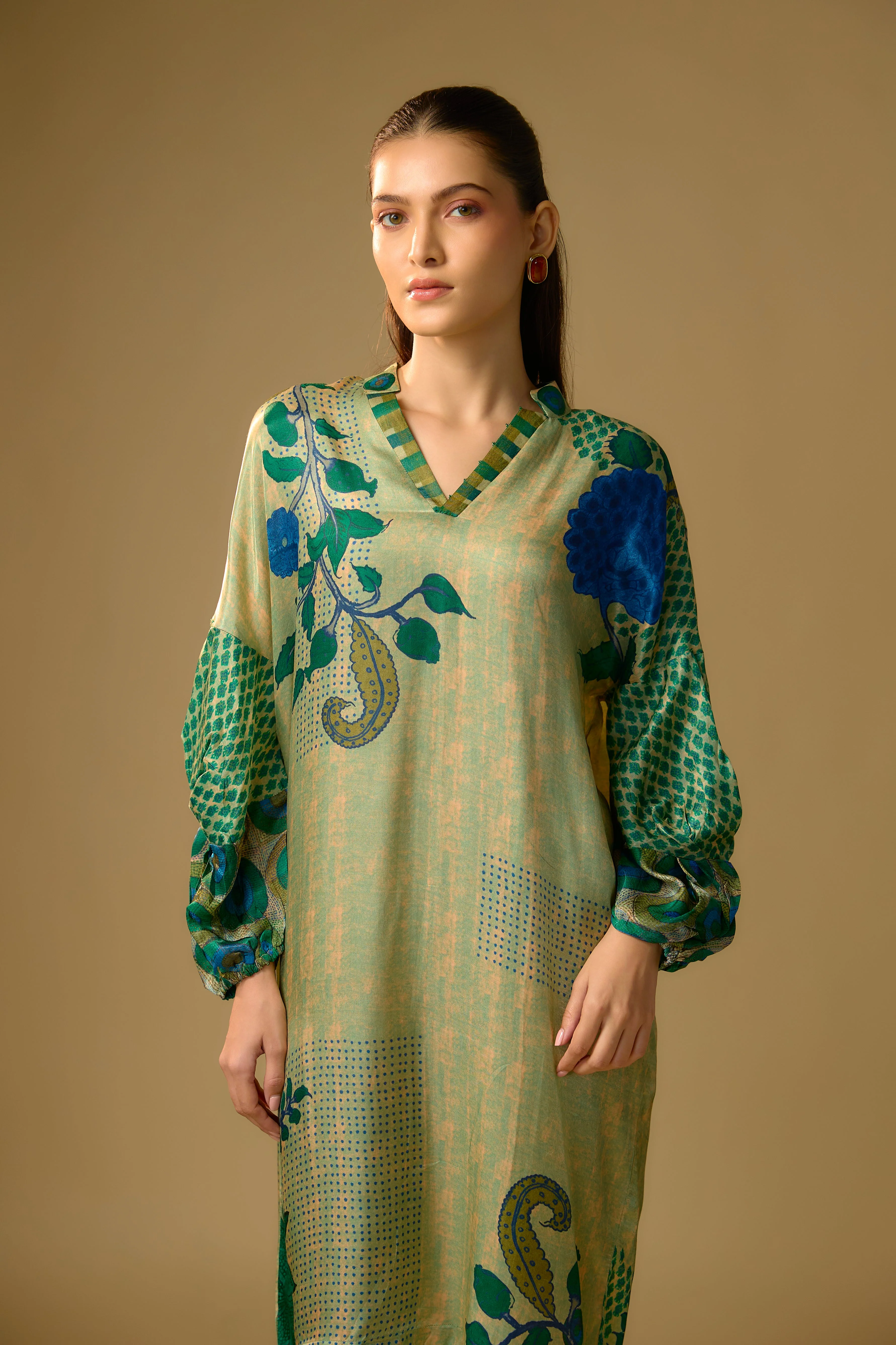 Pista Green Printed Slub Cotton Silk Tunic Dress - Image 2