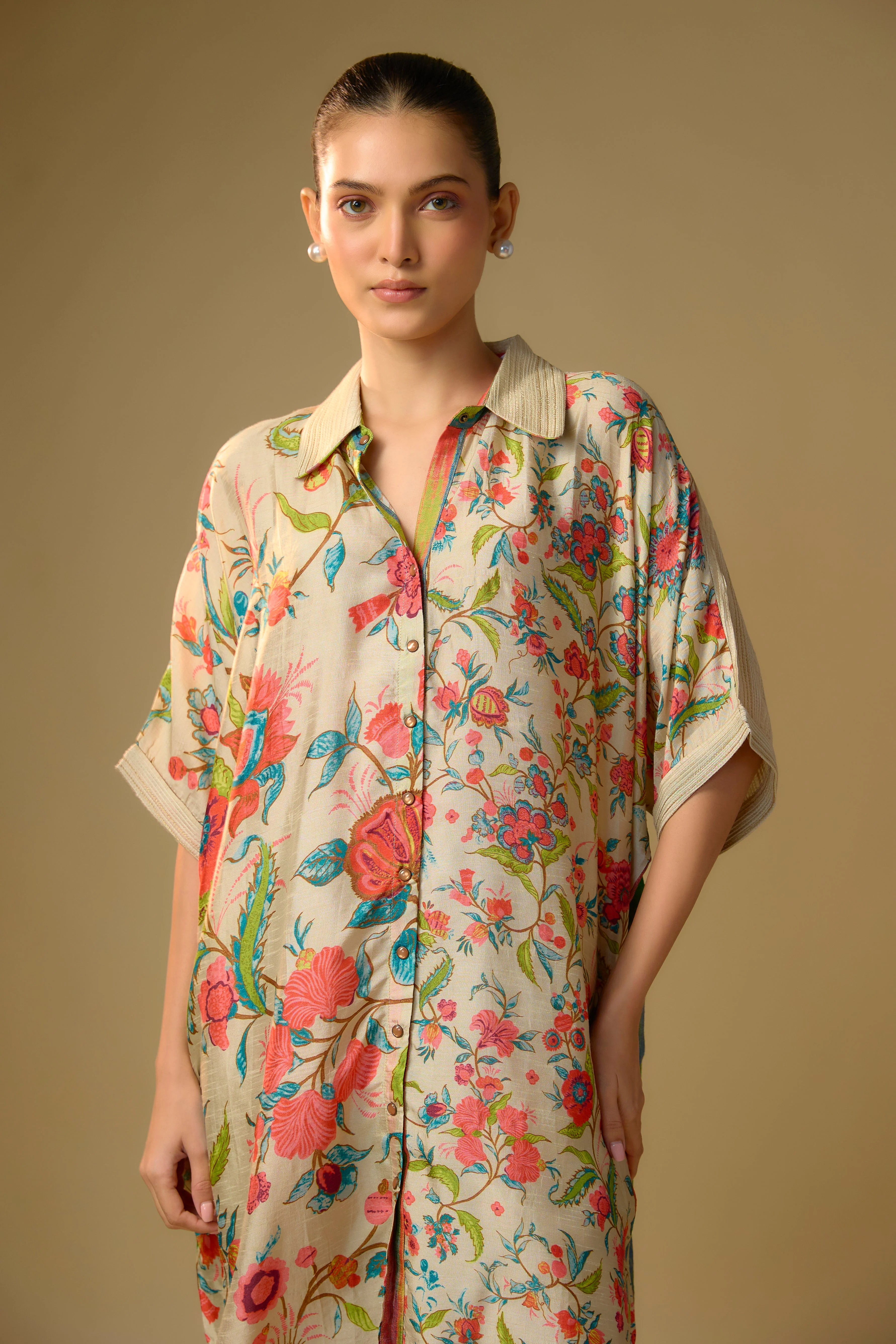 Summer Ivory Printed Slub Cotton Silk Tunic Top - Image 2