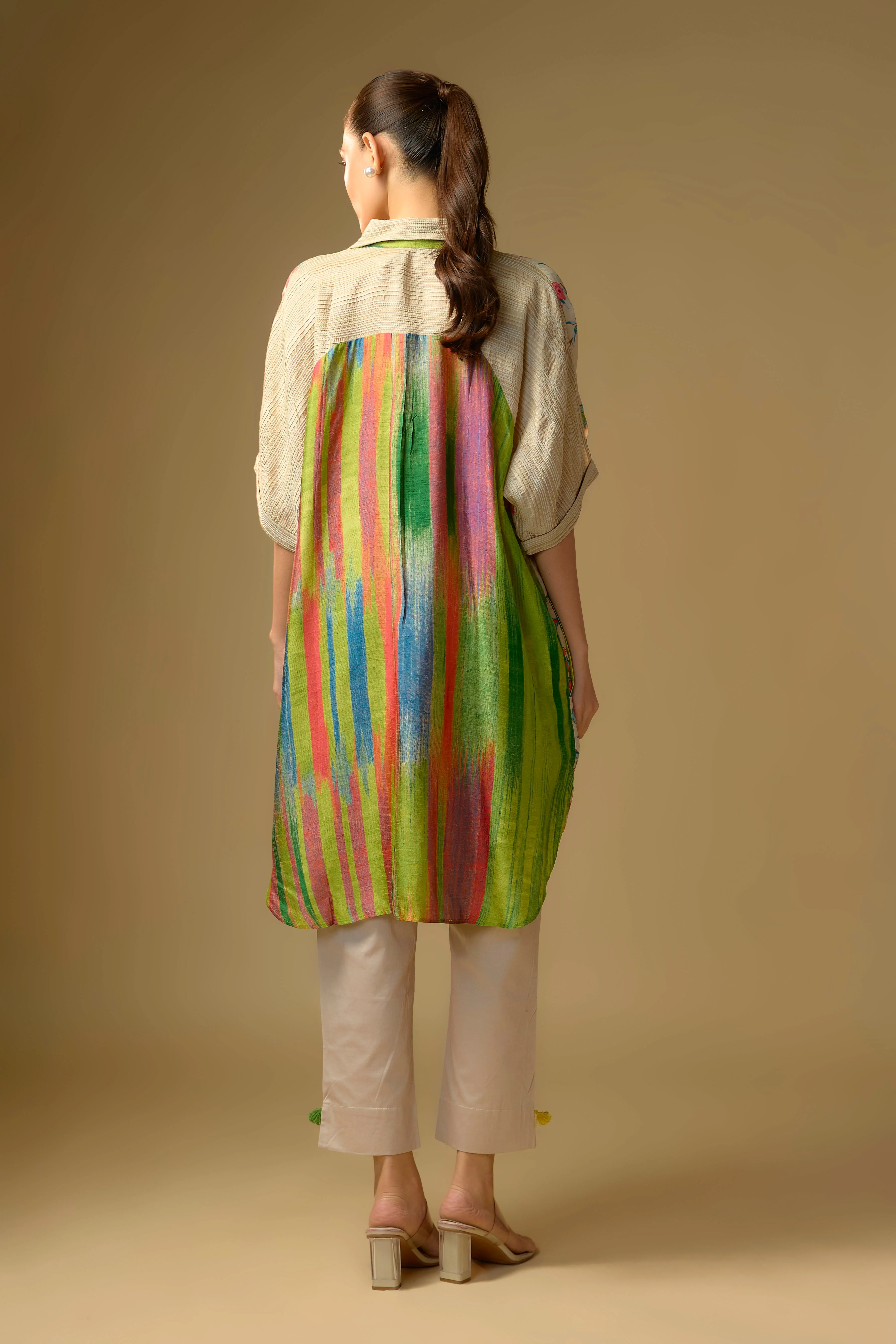 Summer Ivory Printed Slub Cotton Silk Tunic Top - Image 3