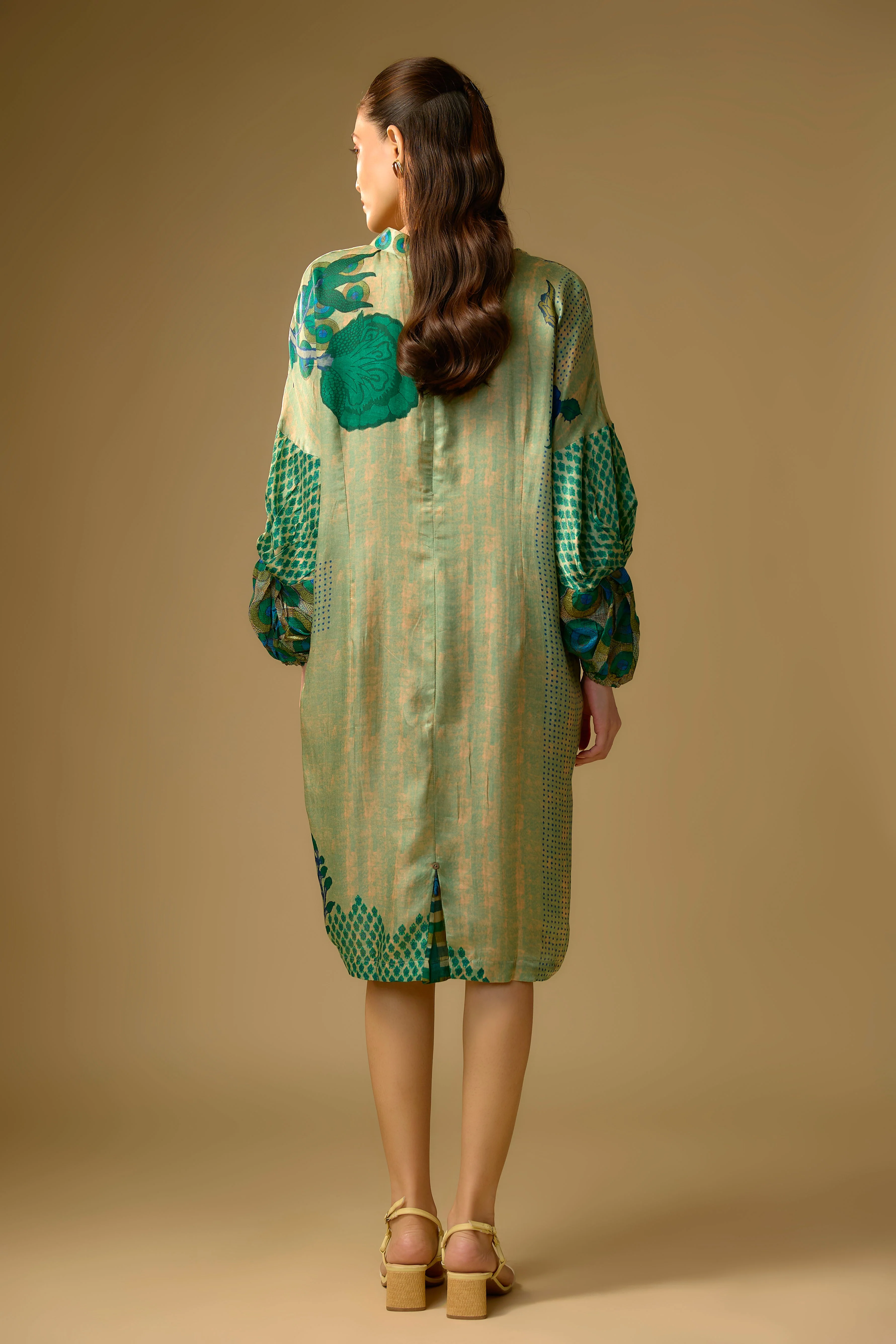 Pista Green Printed Slub Cotton Silk Tunic Dress - Image 3