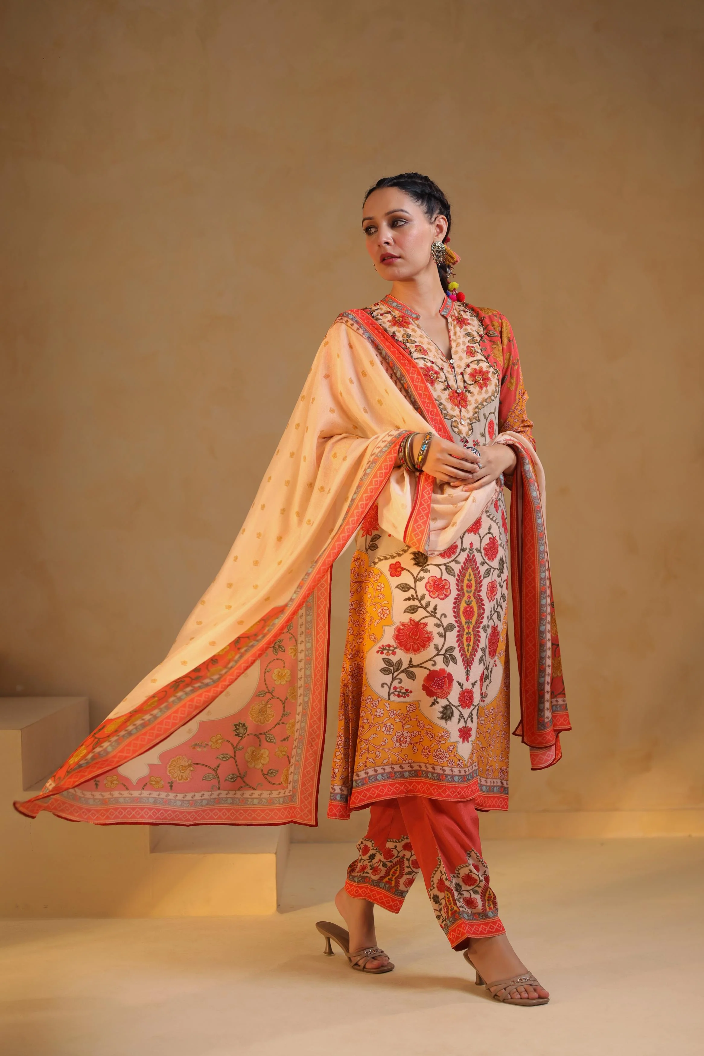 Ivory Printed Viscose Crepe Silk Pant Set - Image 3