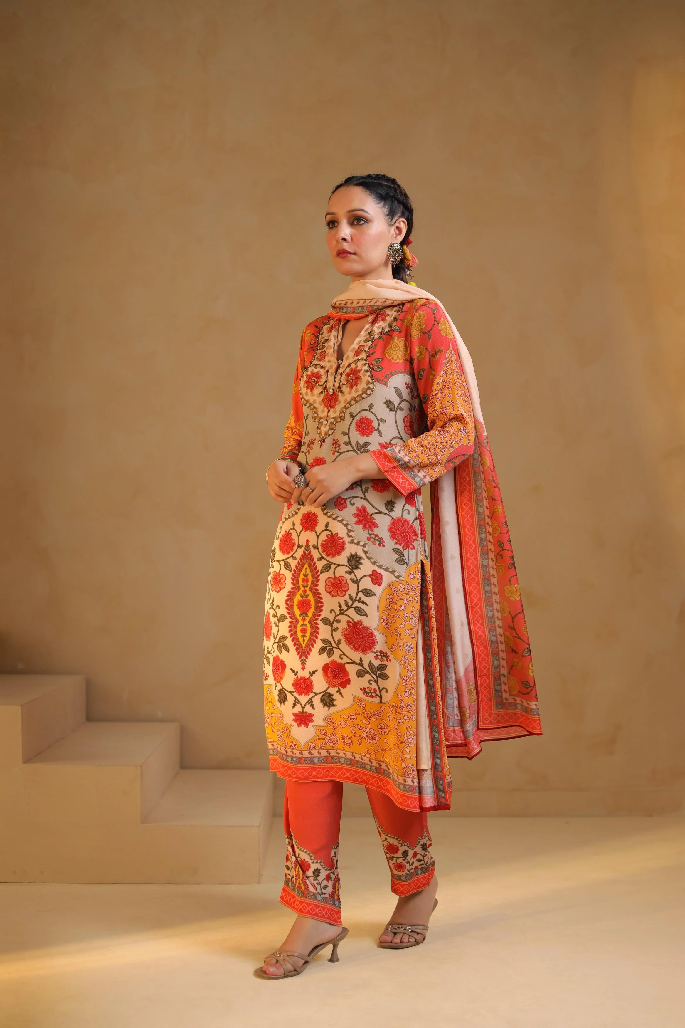 Ivory Printed Viscose Crepe Silk Pant Set - Image 4