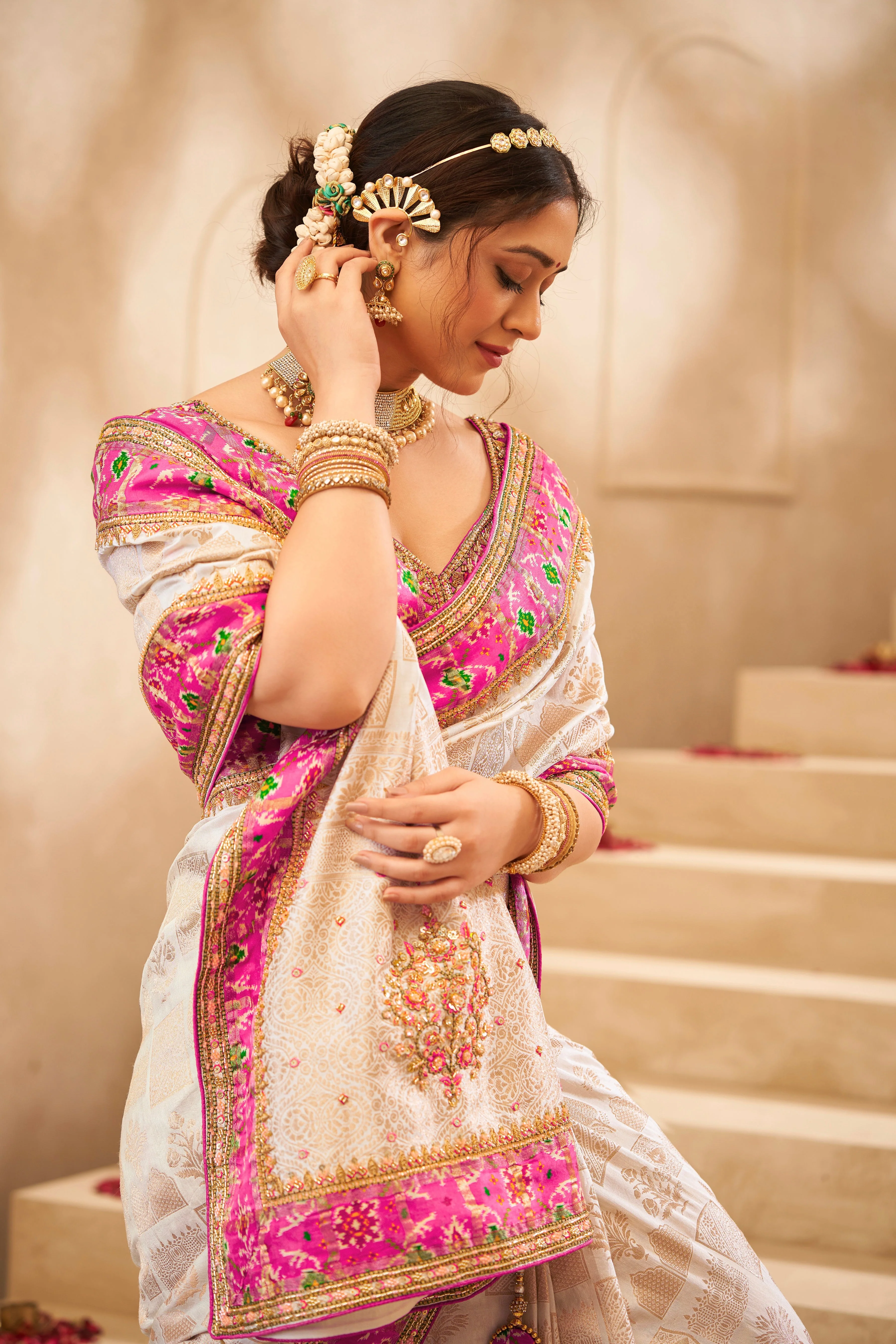 Ivory Satin Silk Saree with Magenta Embroidered Border - Image 2