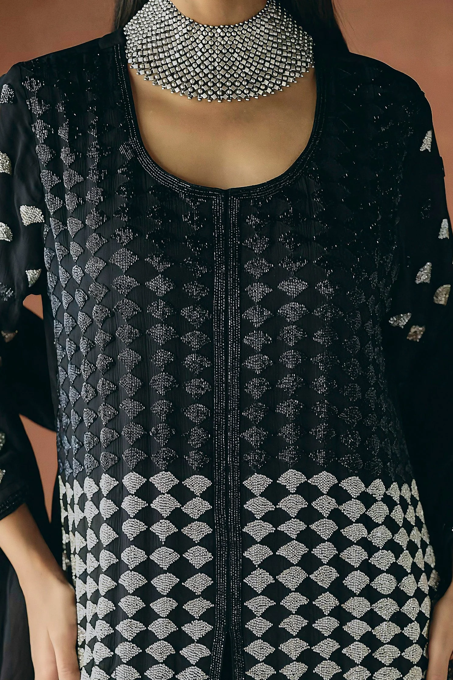 Classic Black Embellished Chinon Silk Palazzo Set - Image 2
