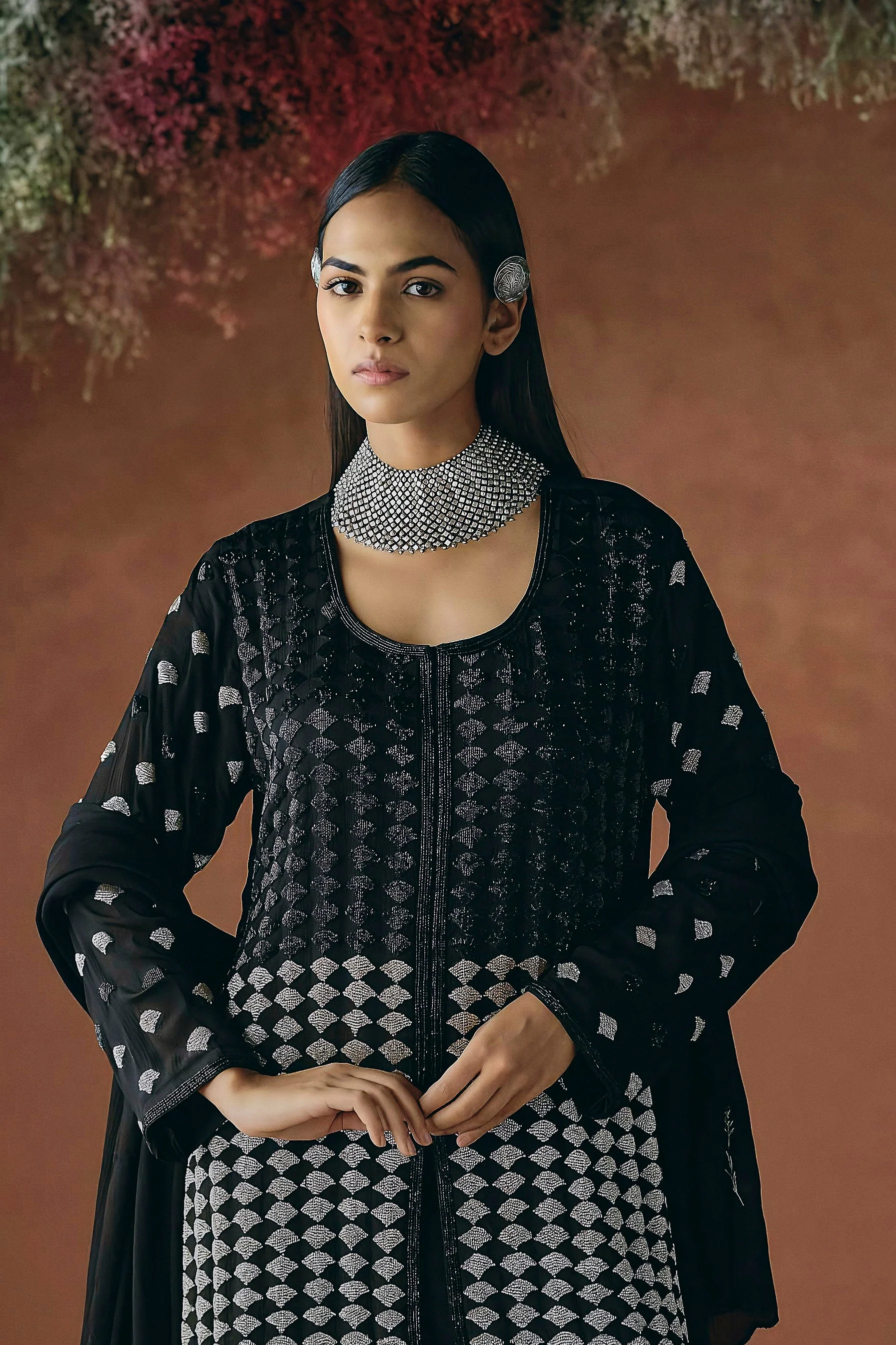 Classic Black Embellished Chinon Silk Palazzo Set - Image 3