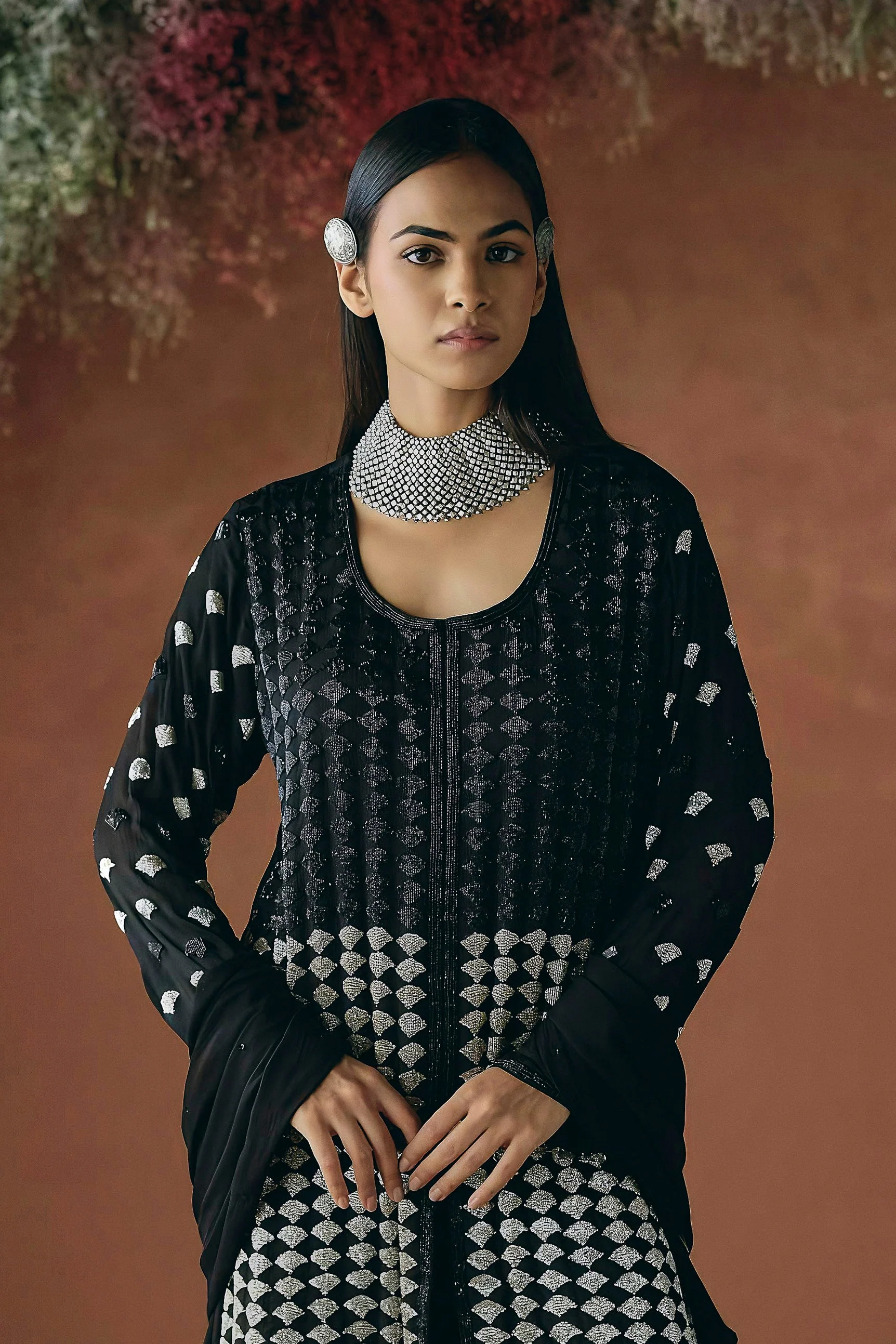 Classic Black Embellished Chinon Silk Palazzo Set - Image 4