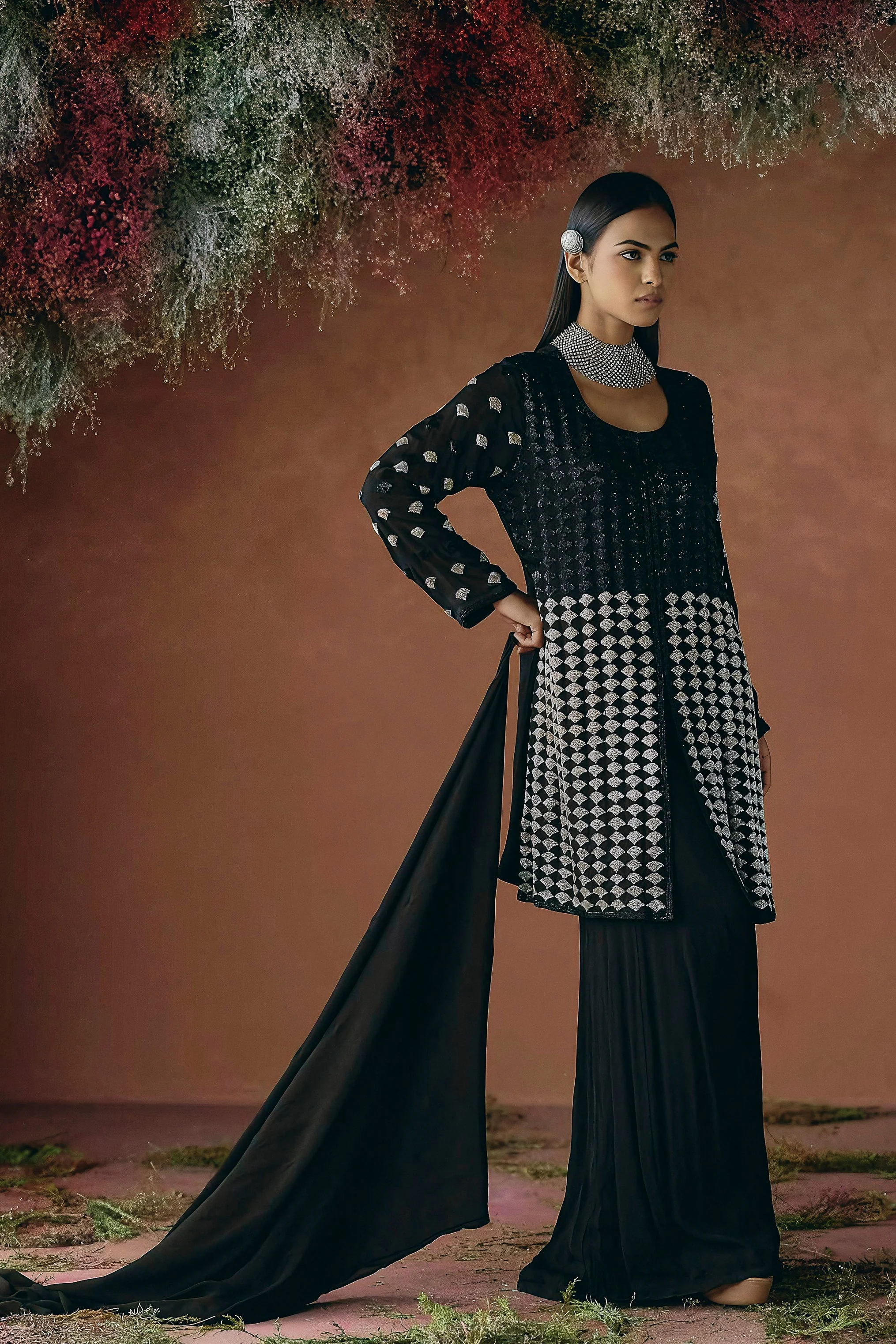 Classic Black Embellished Chinon Silk Palazzo Set - Image 5