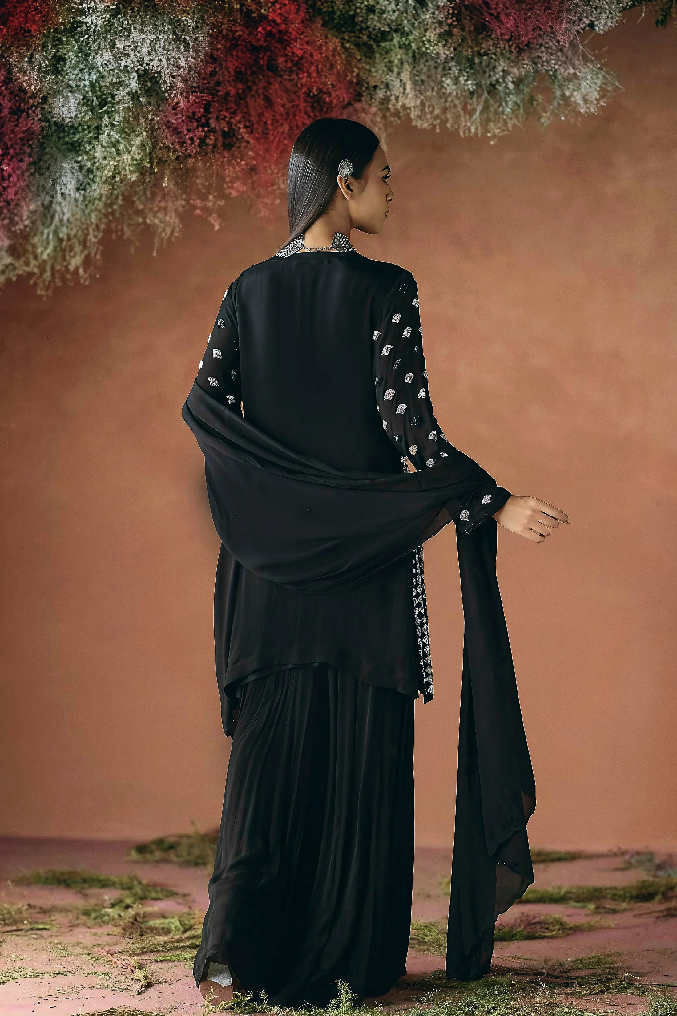Classic Black Embellished Chinon Silk Palazzo Set - Image 6