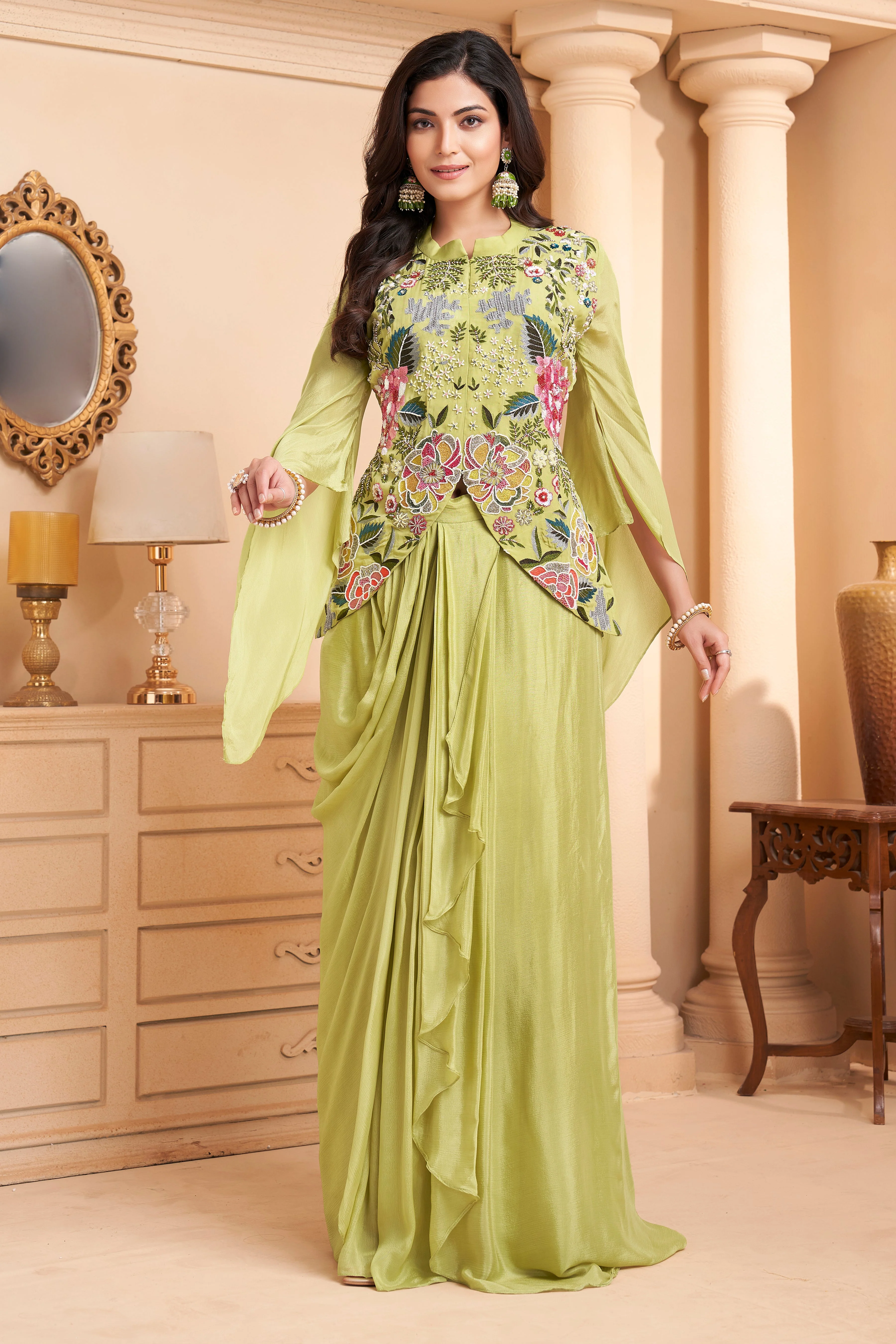 Pastel Lime Green Embellished Chinon Silk Skirt Set - Image 3