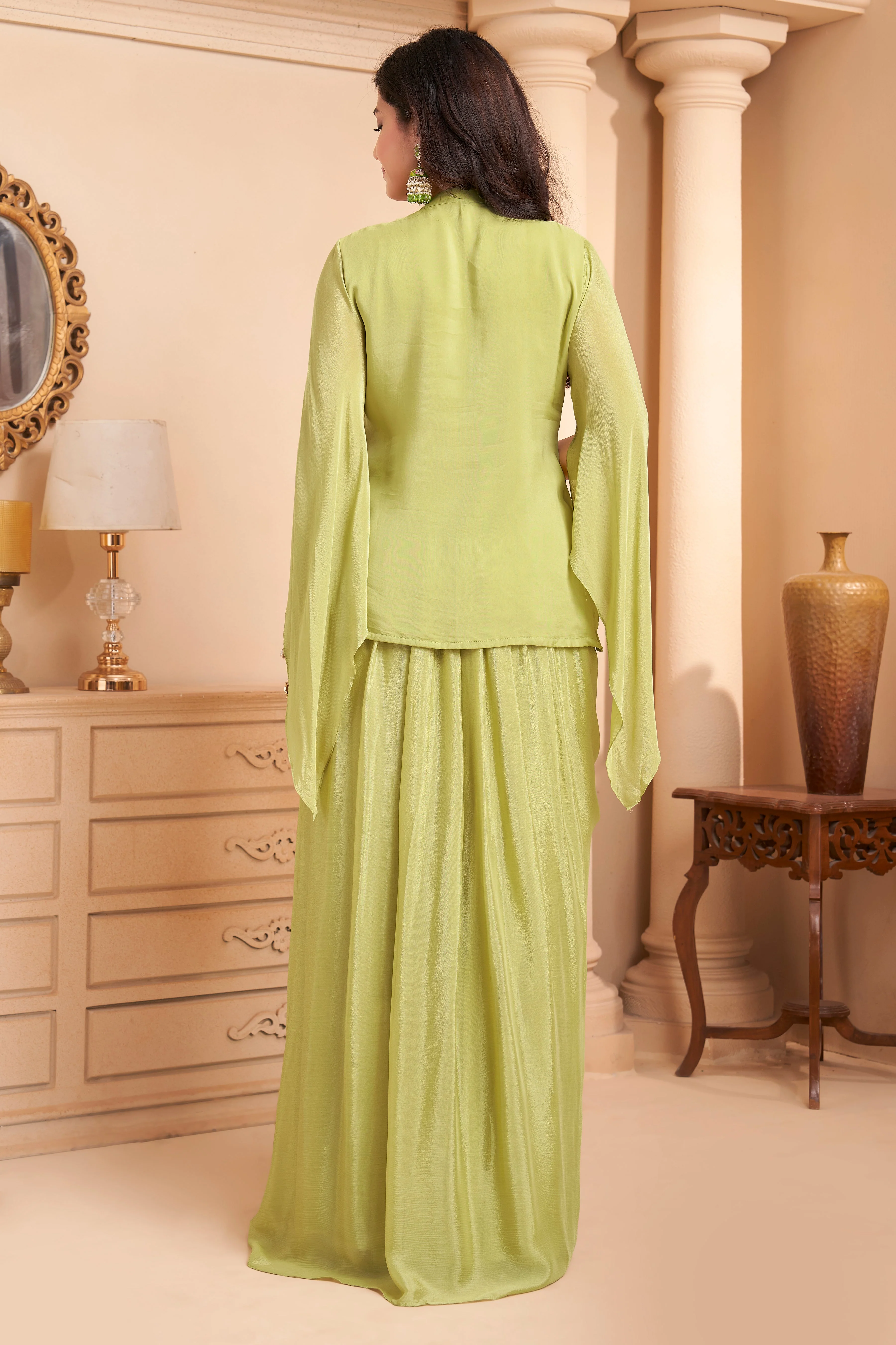 Pastel Lime Green Embellished Chinon Silk Skirt Set - Image 4