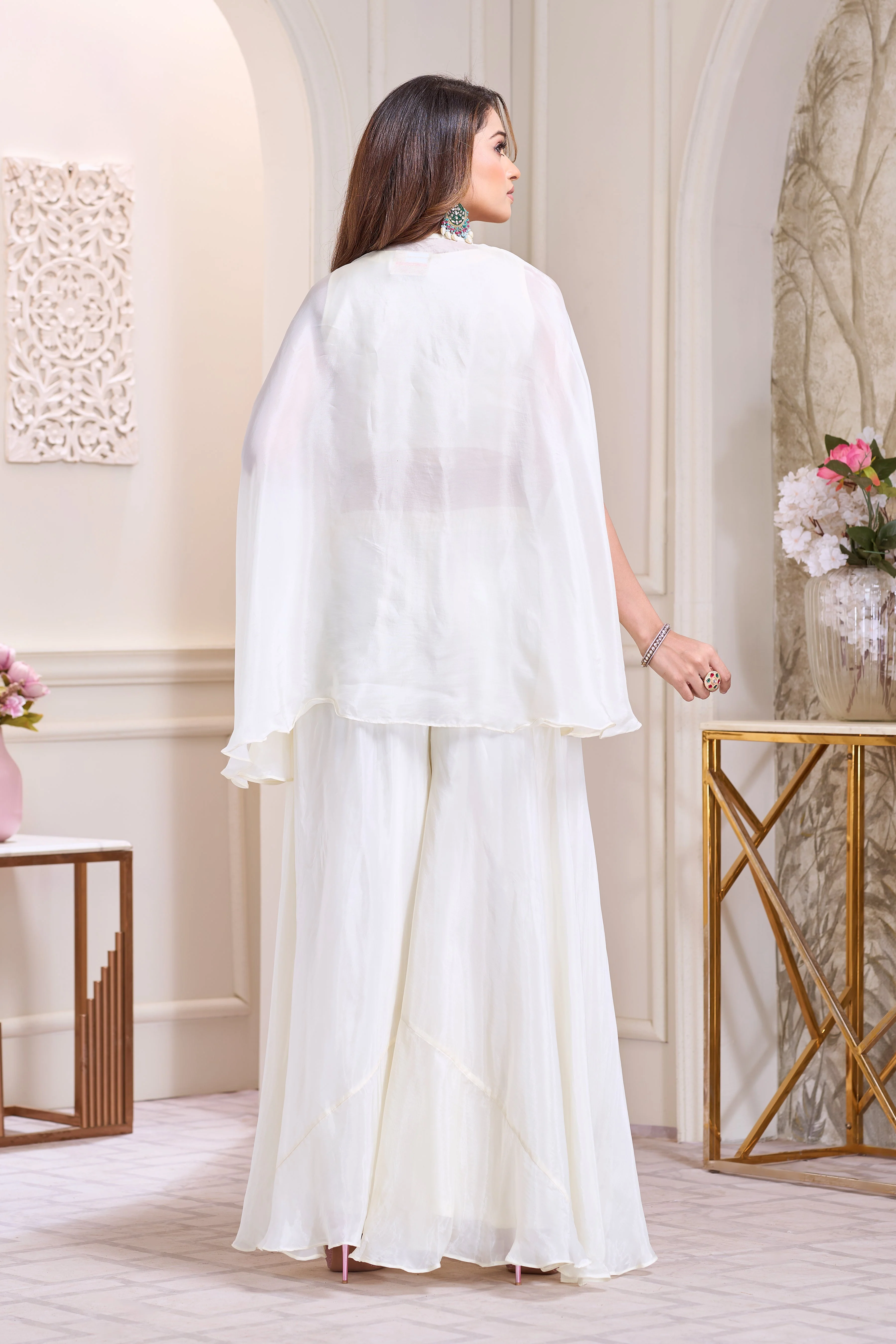 Ivory White Embellished Crepe Silk Cape Set - Image 3