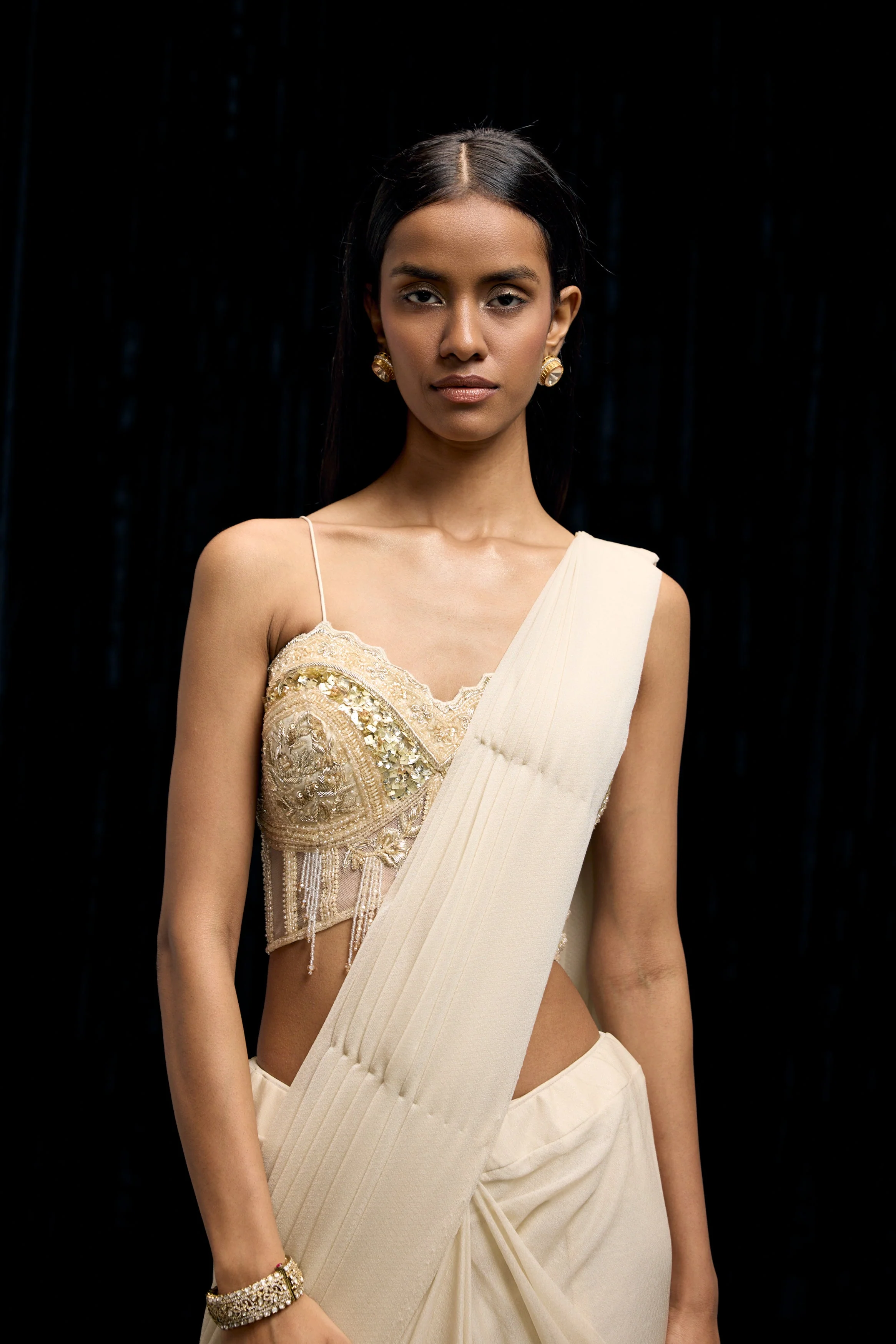 Ivory White Embellished Spandex Lycra Drape Saree - Image 2