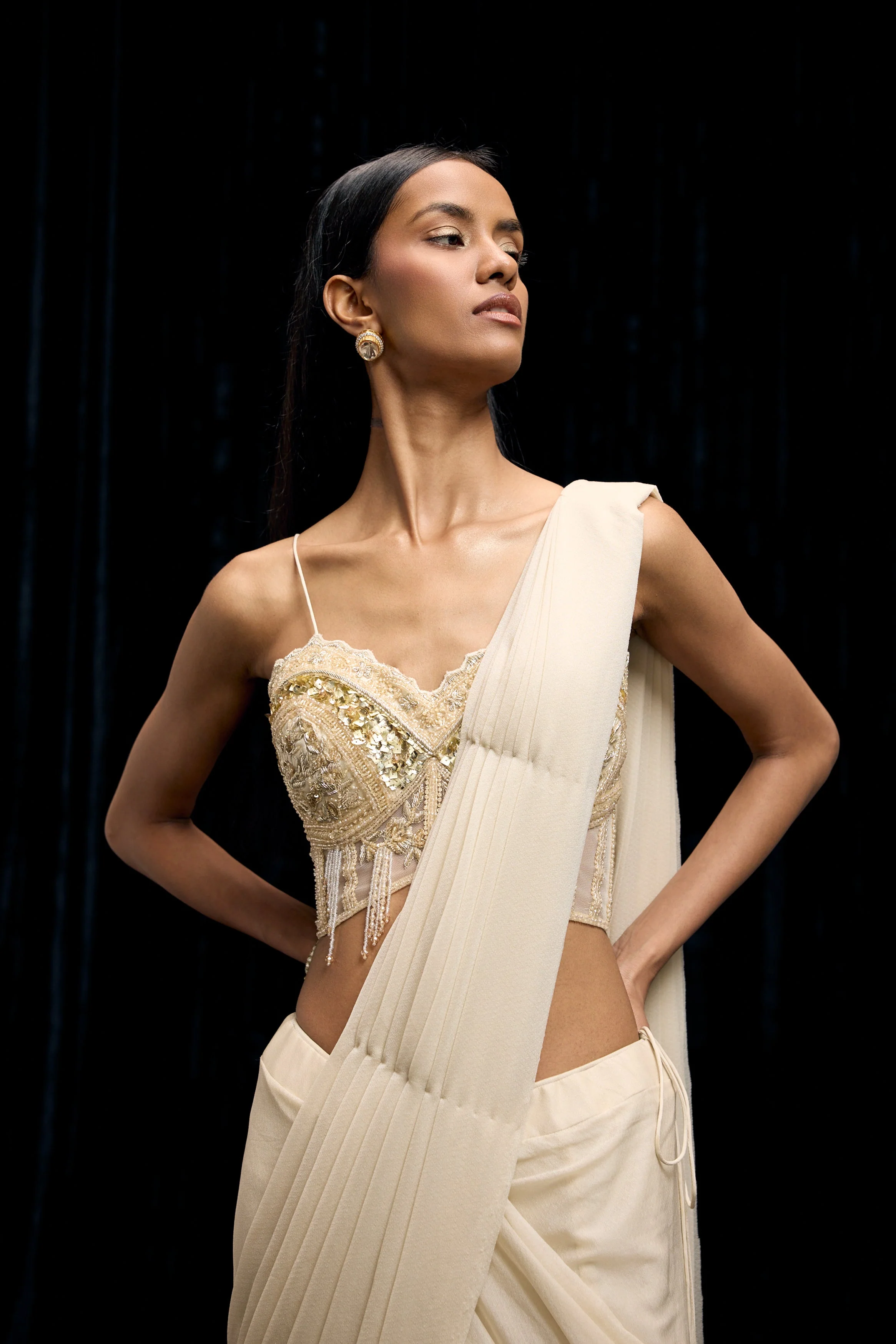 Ivory White Embellished Spandex Lycra Drape Saree - Image 3