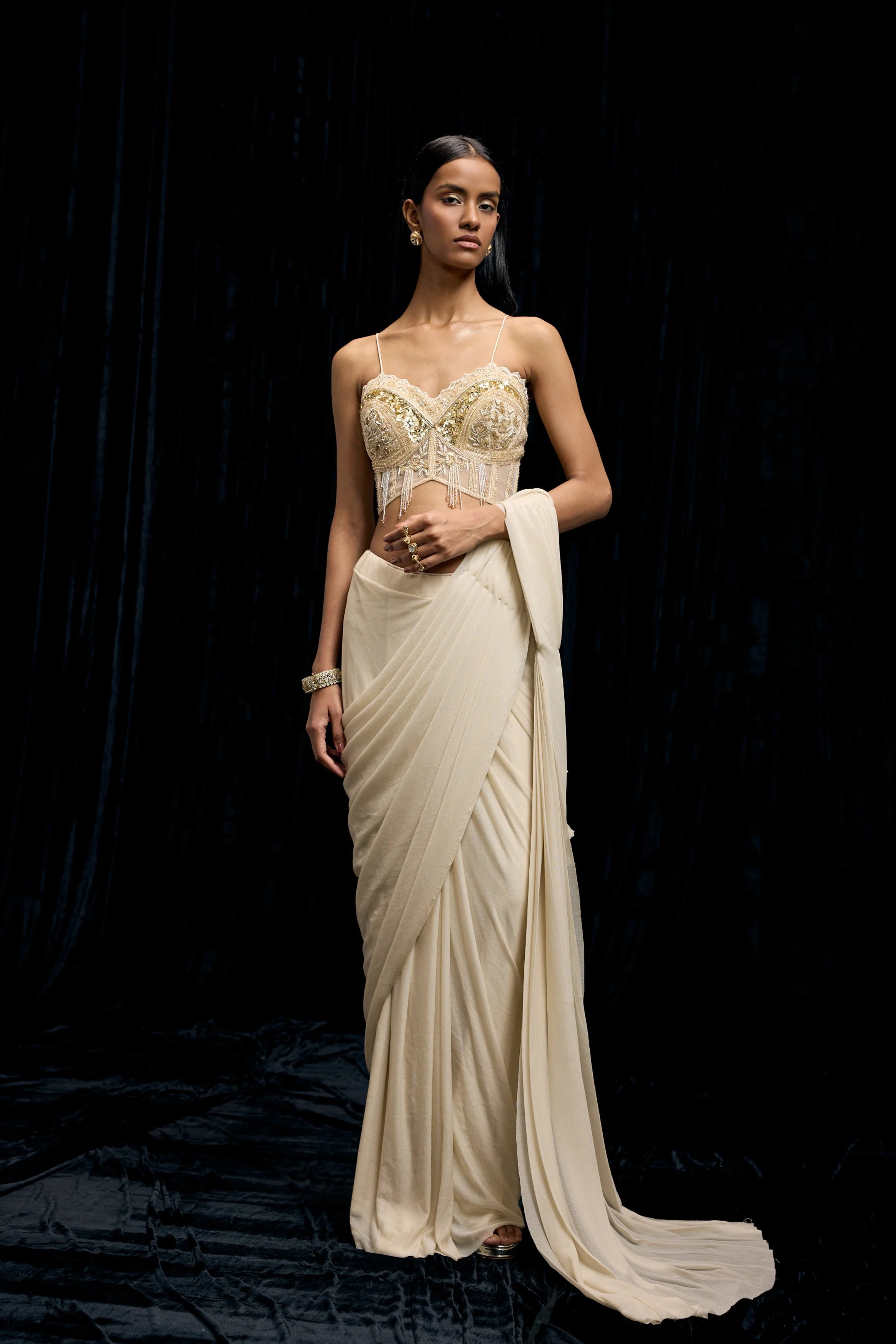 Ivory White Embellished Spandex Lycra Drape Saree - Image 4