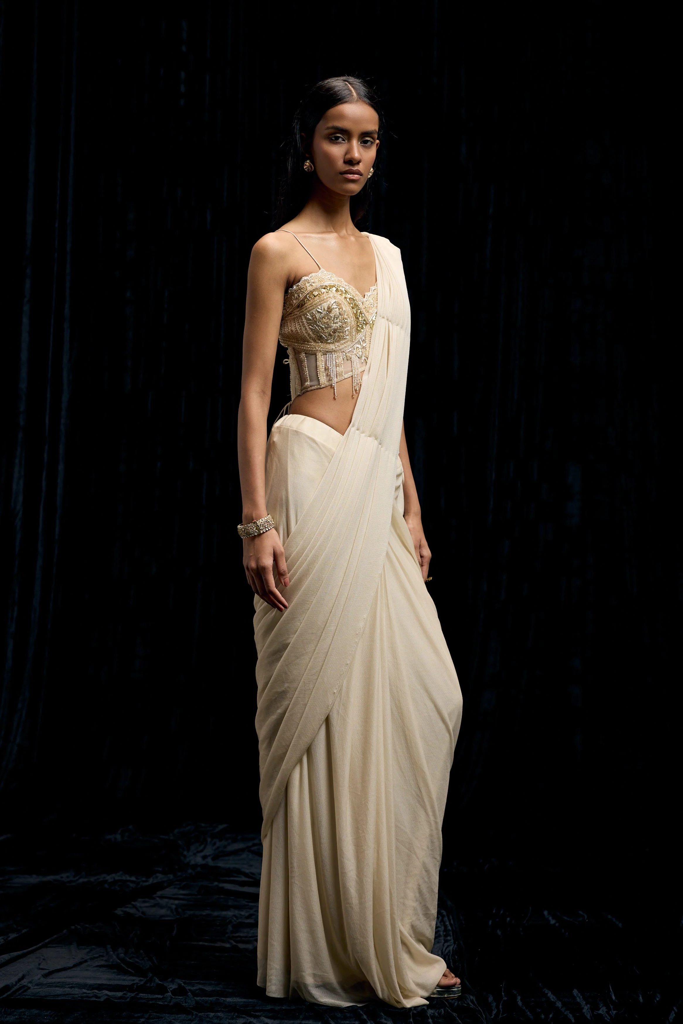 Ivory White Embellished Spandex Lycra Drape Saree - Image 5