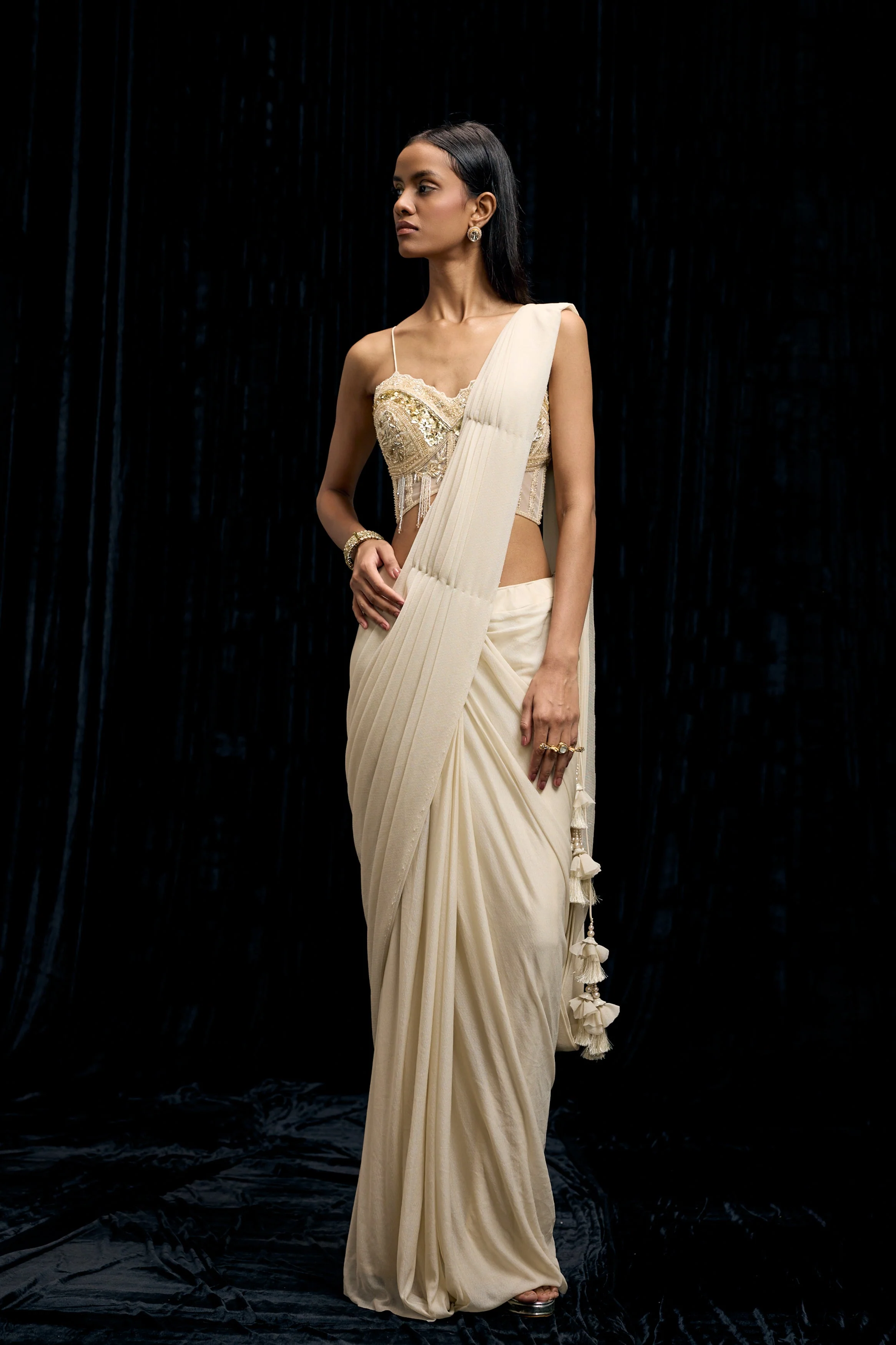 Ivory White Embellished Spandex Lycra Drape Saree - Image 6