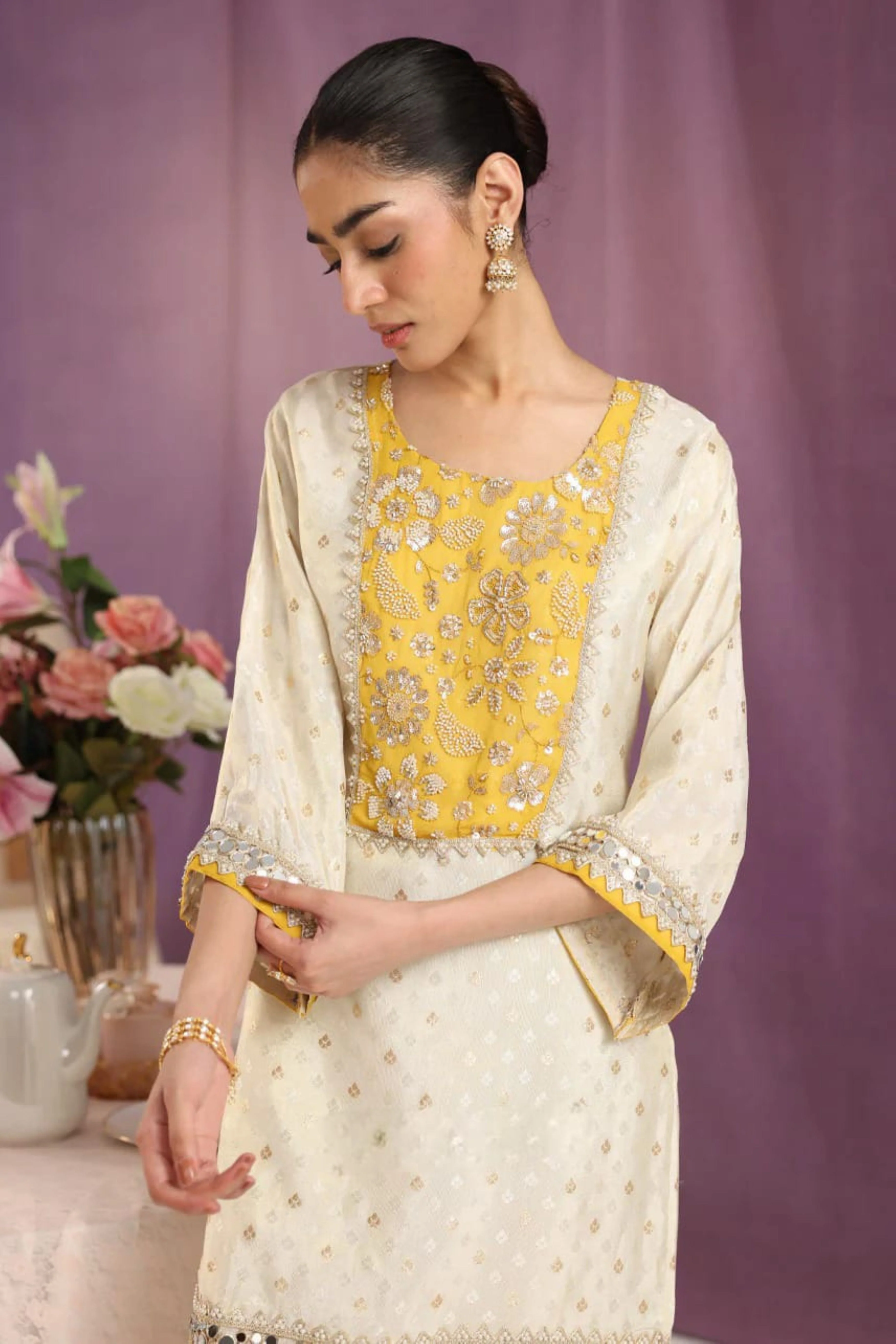 Elegant Ivory Brocade Silk Co-ord Set - Image 2