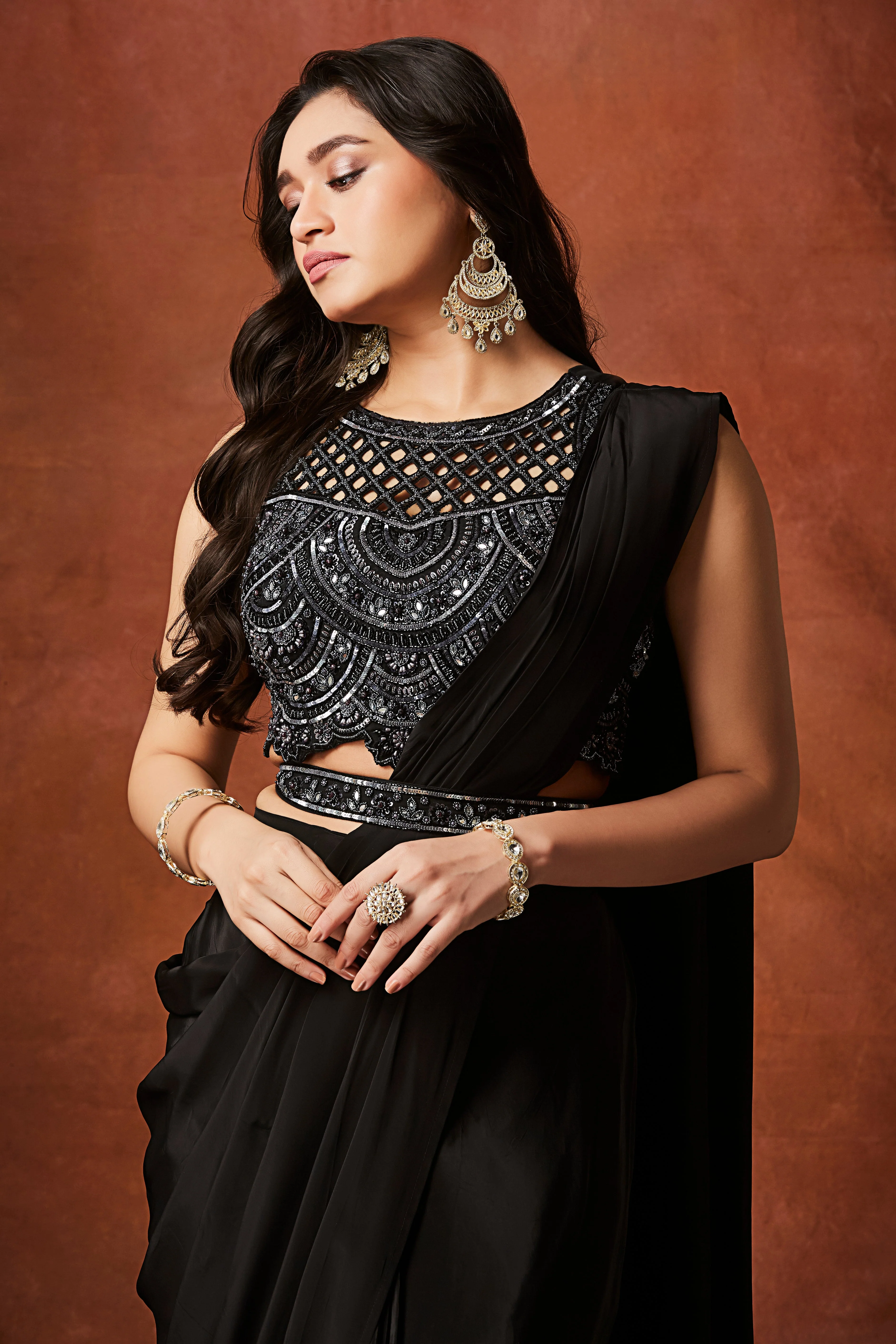 Coal Black Embellished Crepe Silk Drape Saree - Image 2