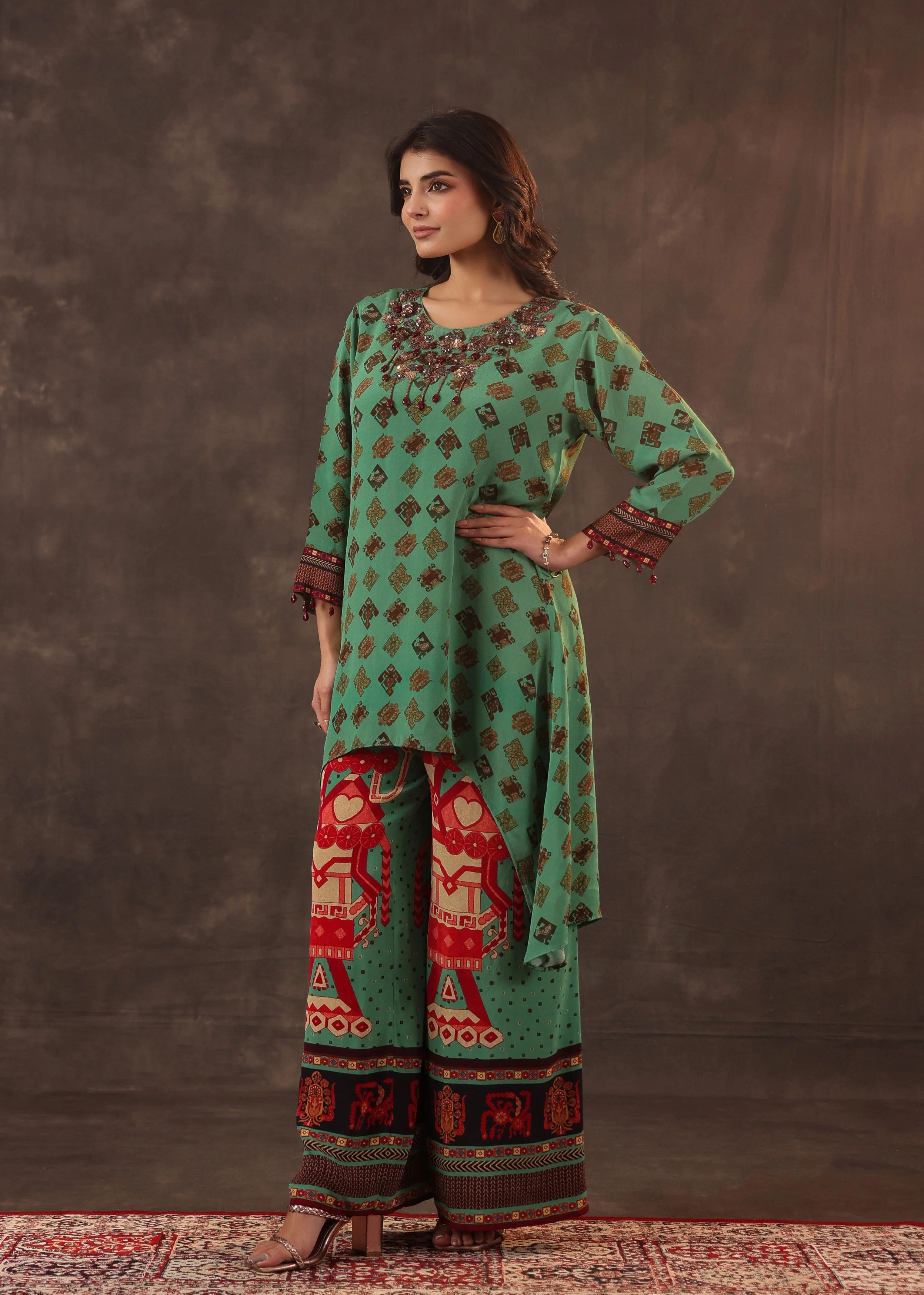 Jade Ethnic Printed Crepe Silk Palazzo Set - Image 2