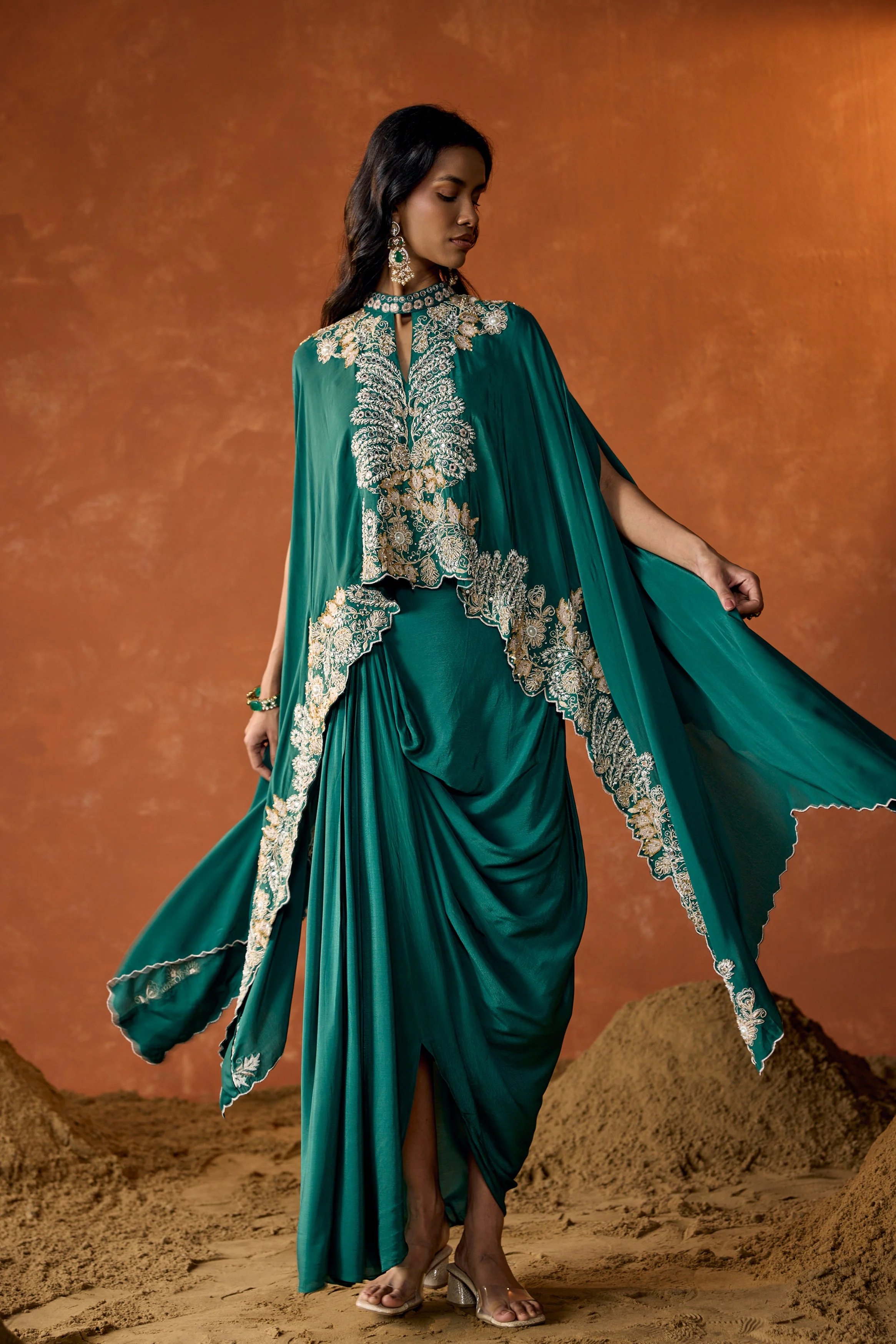 Jade Green Embellished Premium Silk Skirt Set - Image 5