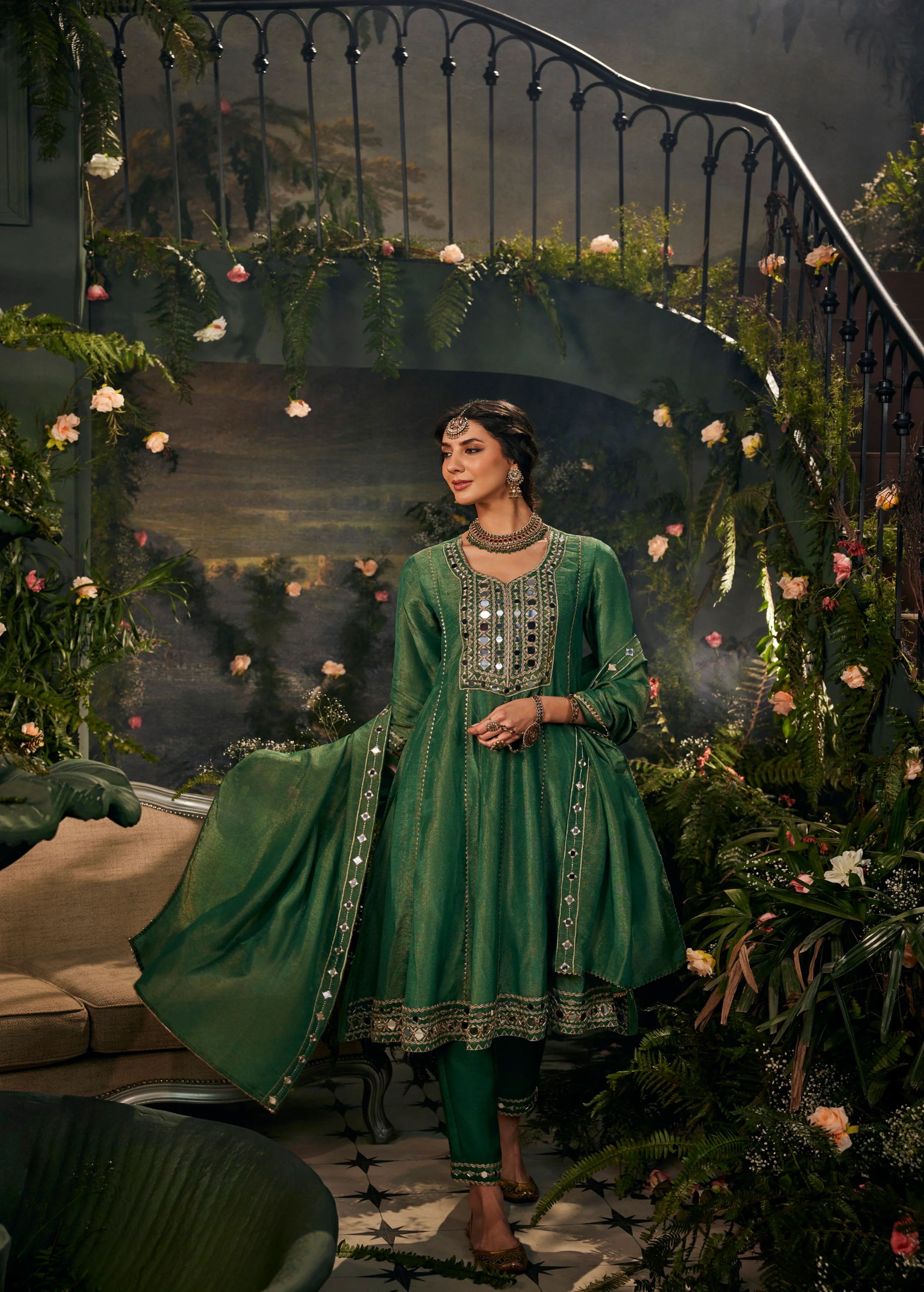 Jade Green Embellished Shimmer Tissue Silk Anarkali Set - Image 2