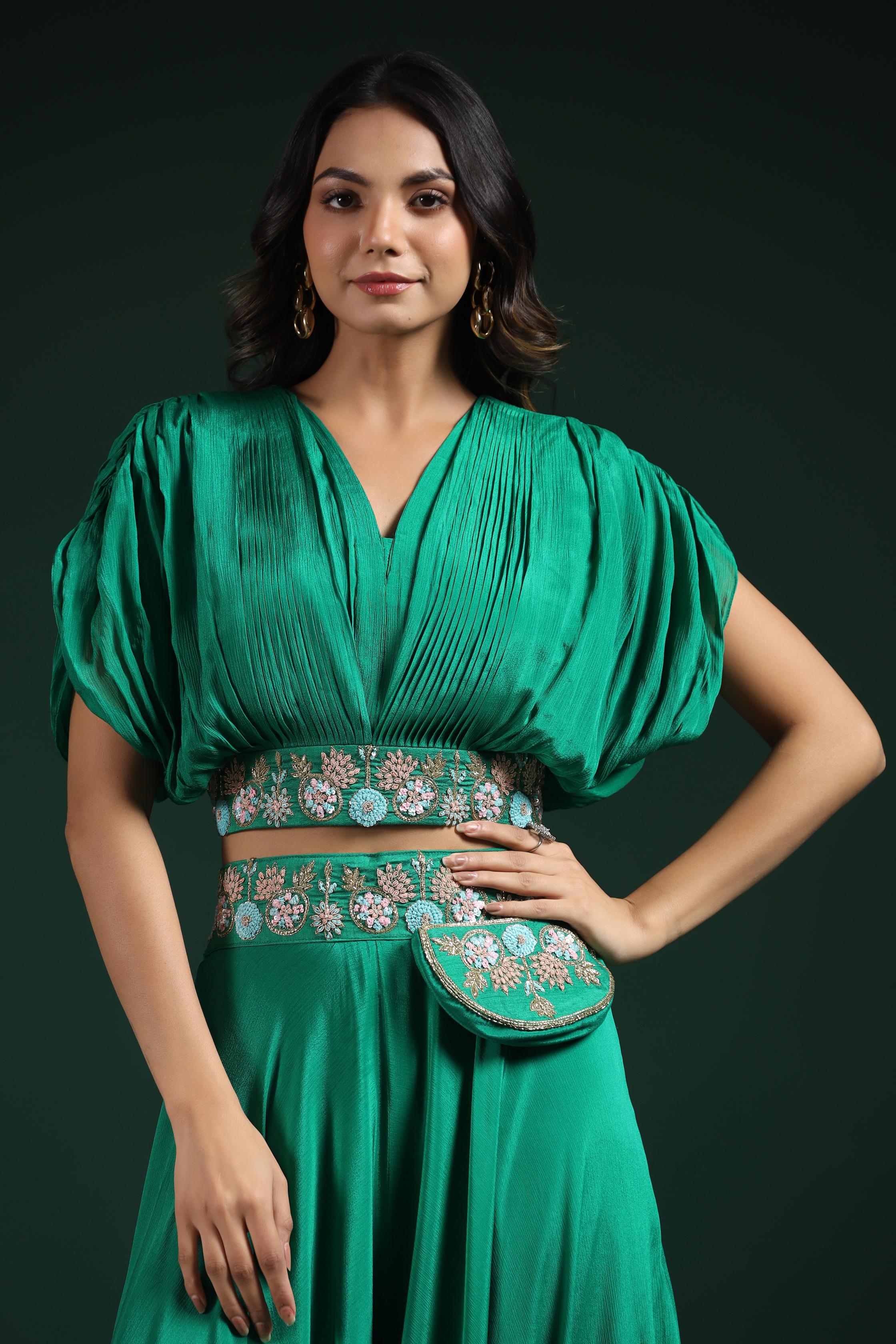 Jade Green Embroidered Crop Top with Palazzo Set - Image 2