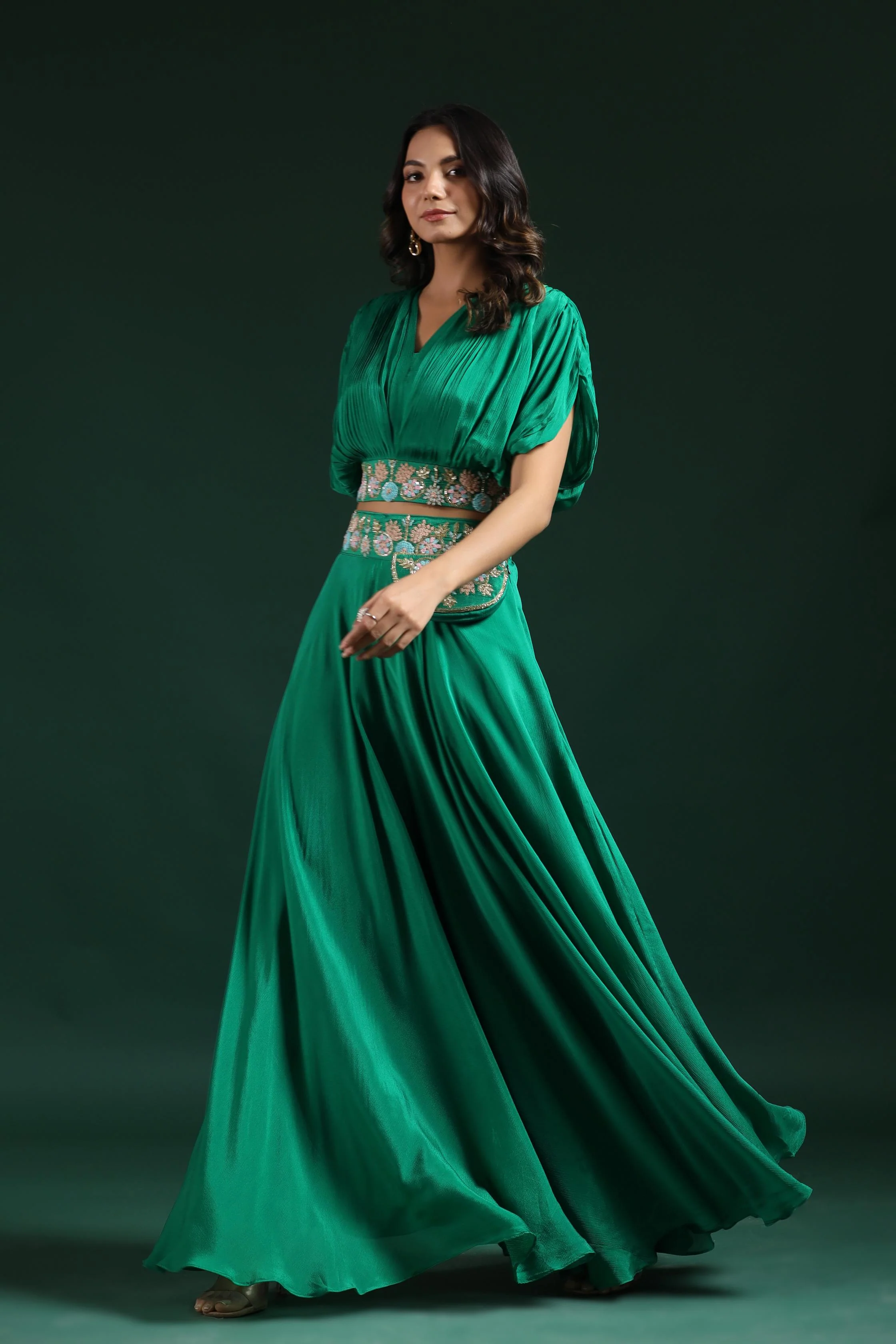 Jade Green Embroidered Crop Top with Palazzo Set - Image 3