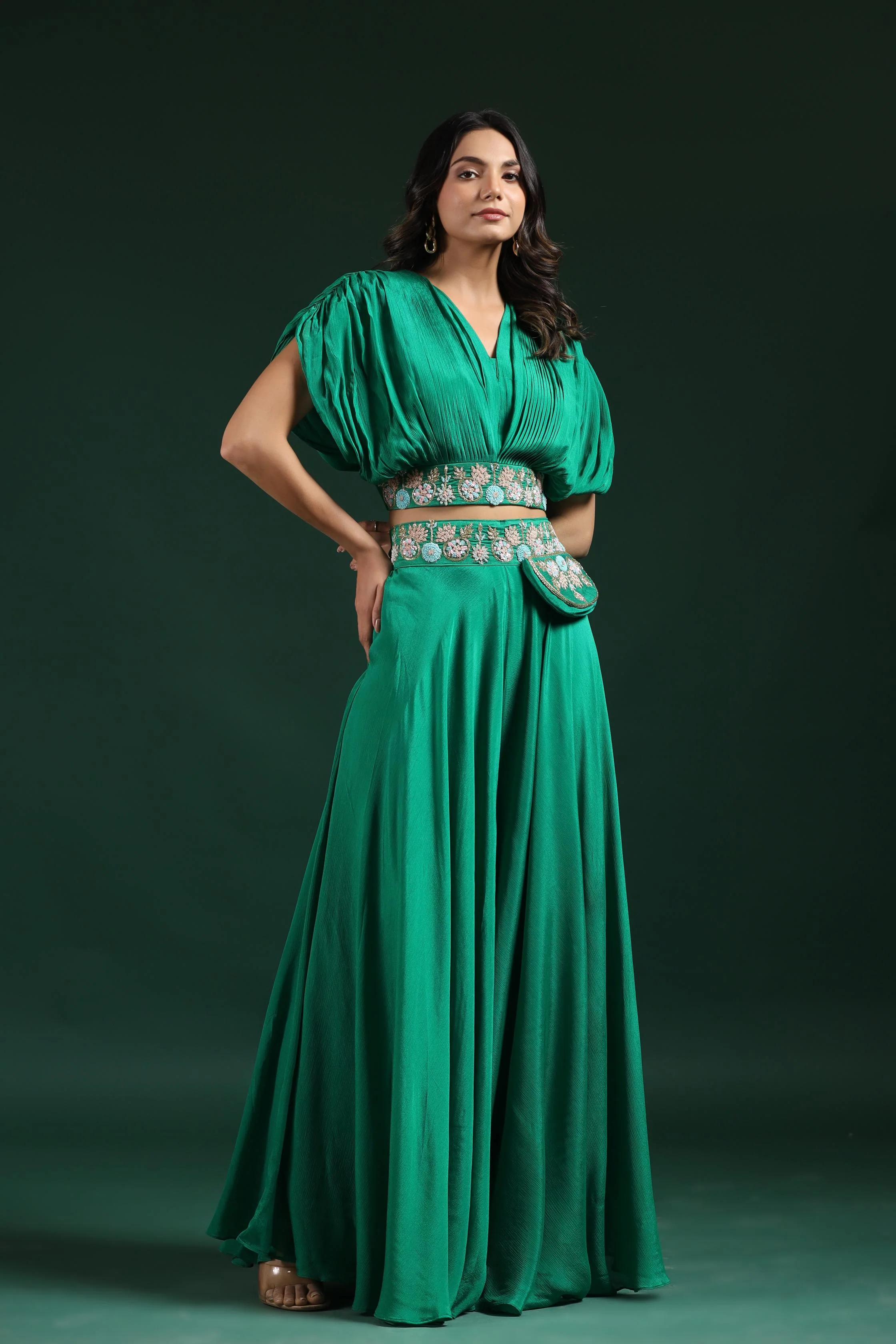 Jade Green Embroidered Crop Top with Palazzo Set - Image 4