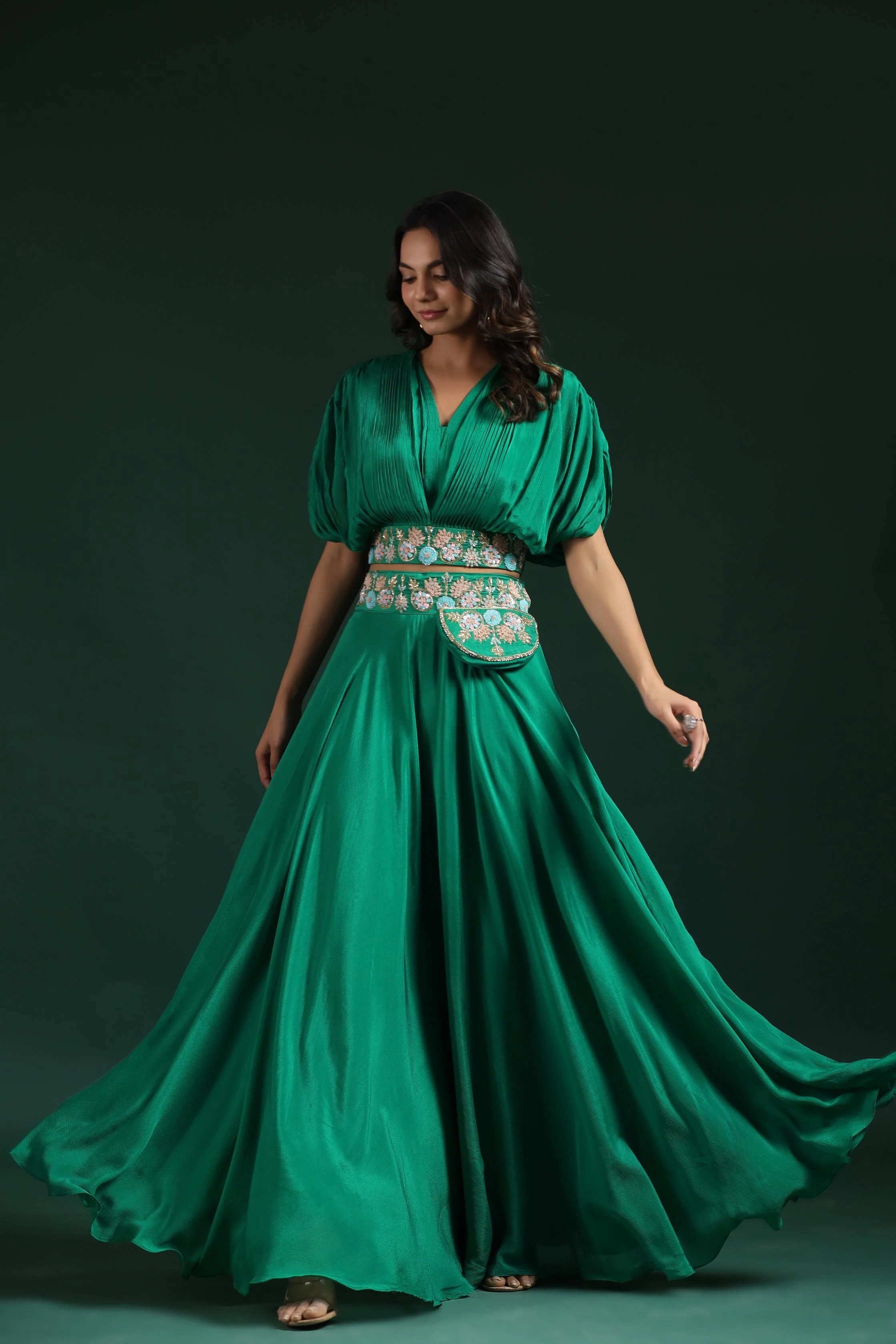 Jade Green Embroidered Crop Top with Palazzo Set - Image 6