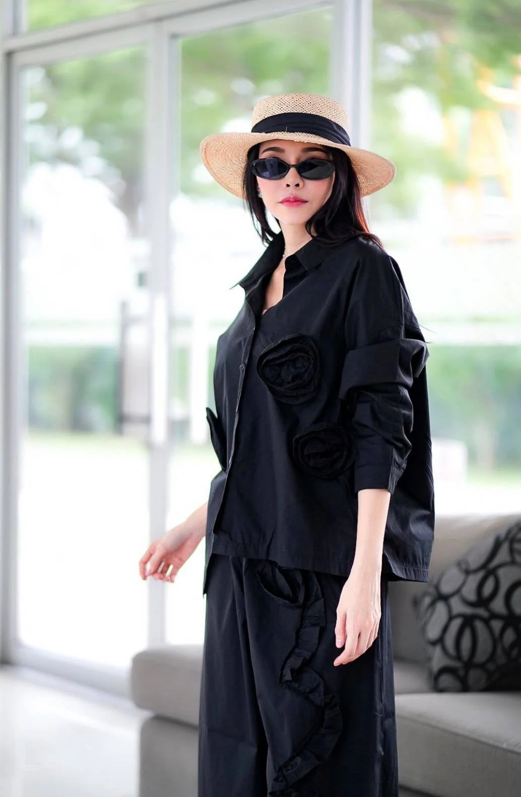 Jet Black 3D Fabric Flower Applique Co-Ord Set - Image 2