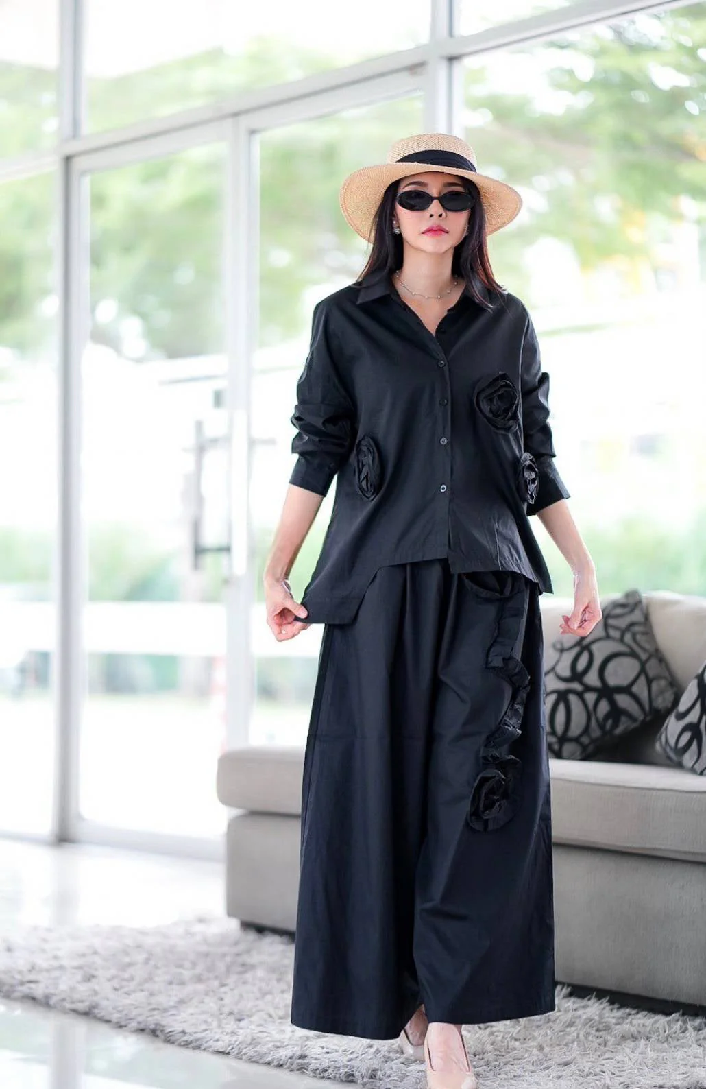 Jet Black 3D Fabric Flower Applique Co-Ord Set - Image 3